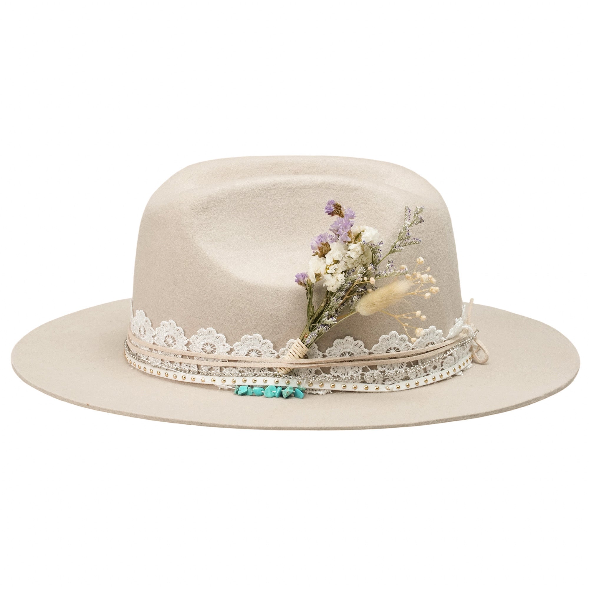 Cream Felt Hat - Turquoise & Lace Western Style
