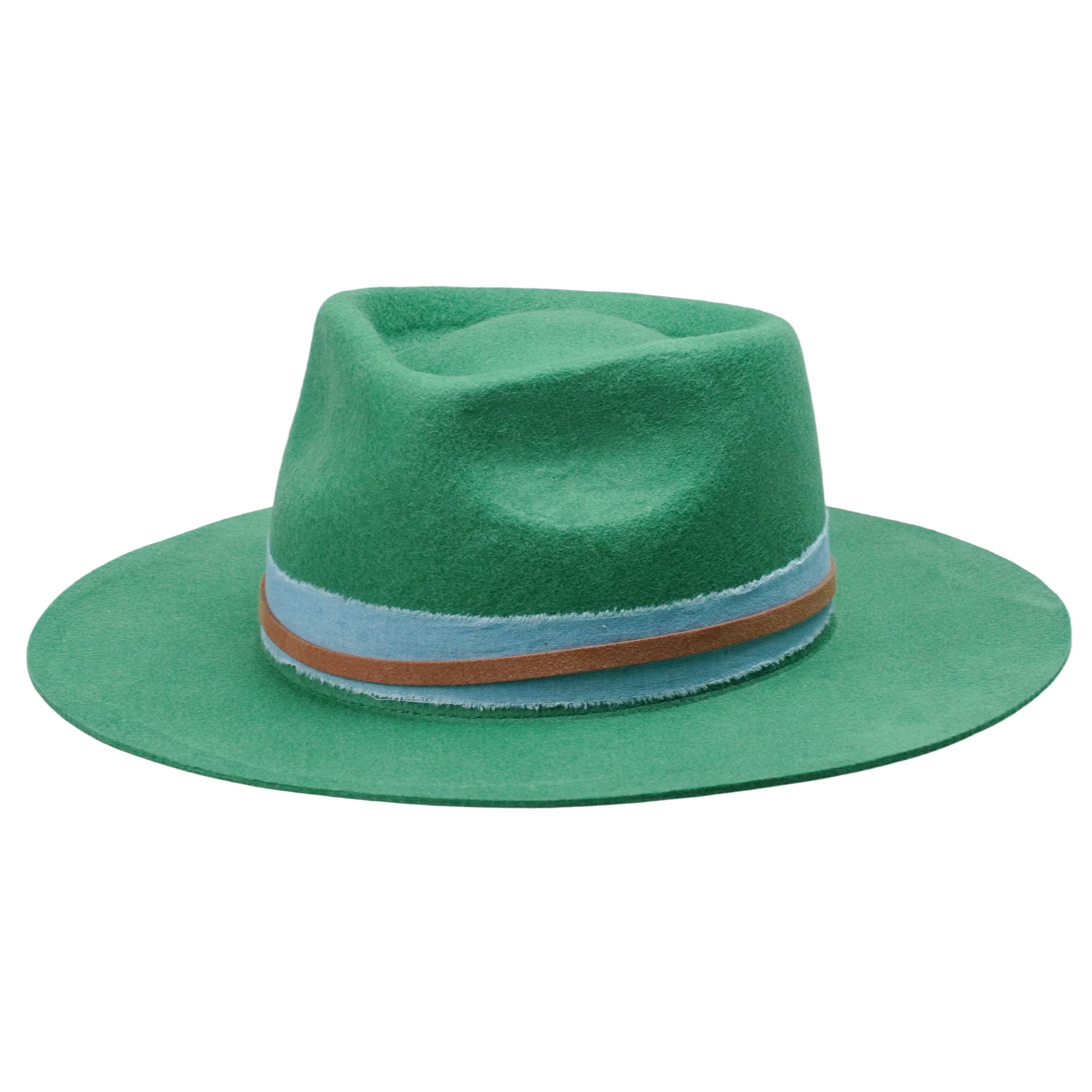 Green Straight Brim Felt Hat with Denim Band