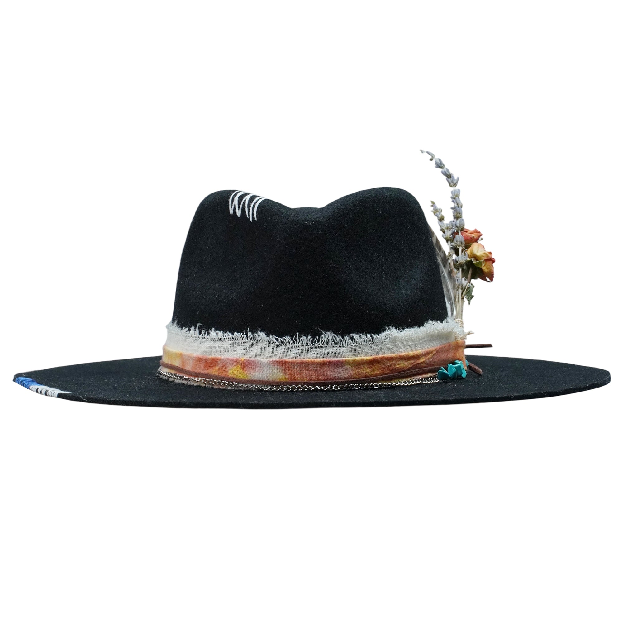 Teardrop Fedora - Black with Stitched Details & Turquoise