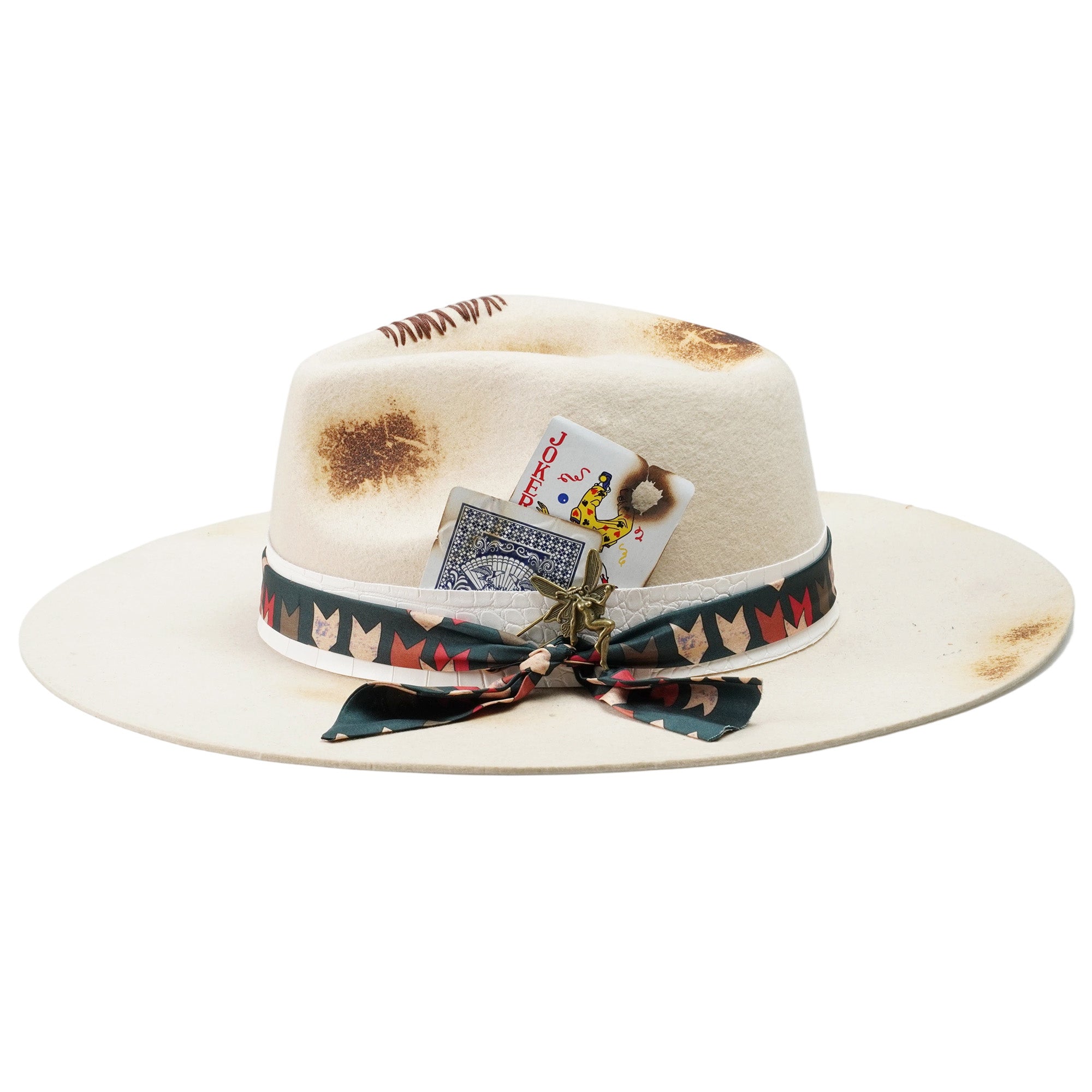 Artistic Felt Hat – Neutral Base, Charred Playing Card Feature