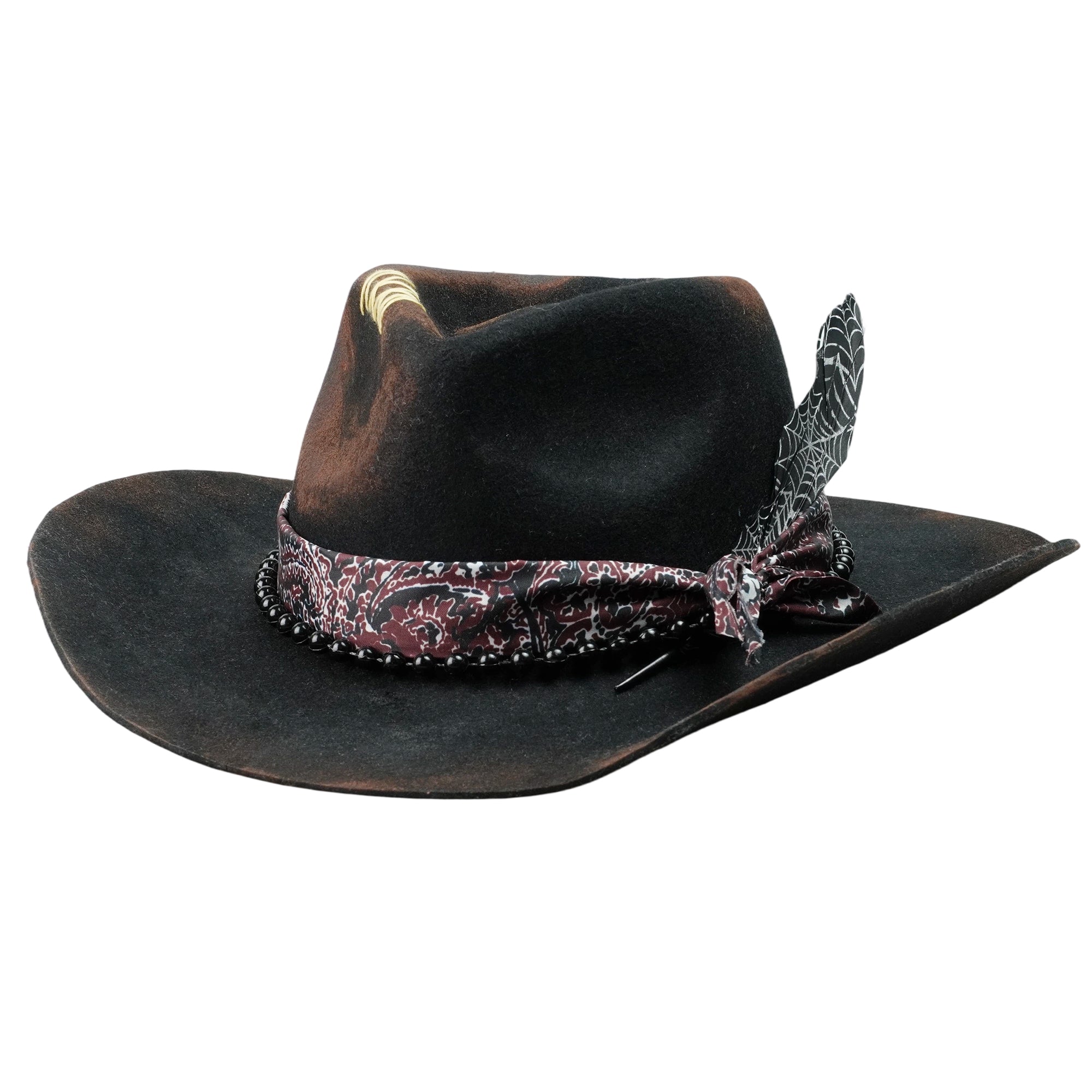 Hand-Burned Refined Felt Hat – Dark Tone, Delicate Beadwork