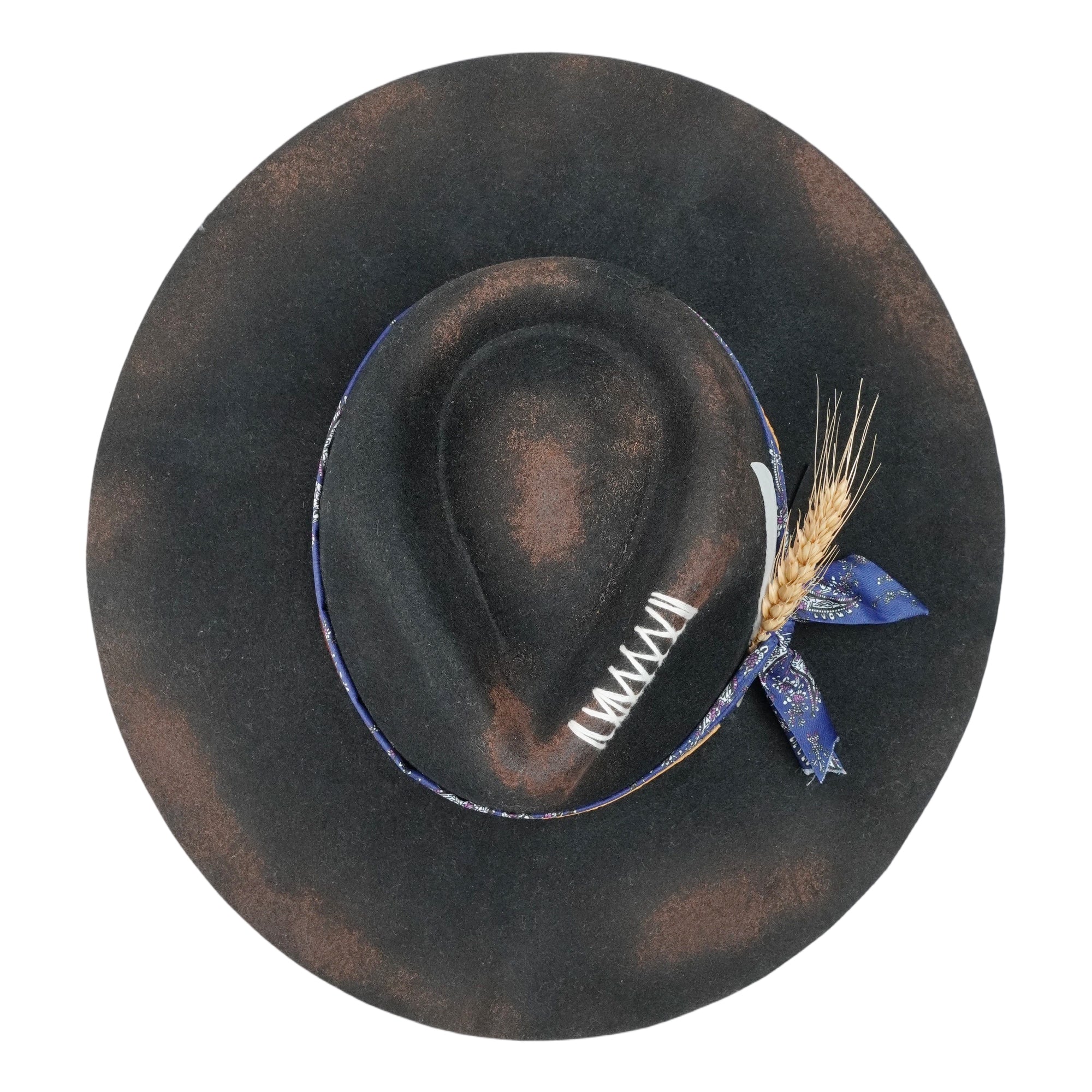 Hand-Burned Distressed Felt Hat – Croc-Texture Band, Feather Accent