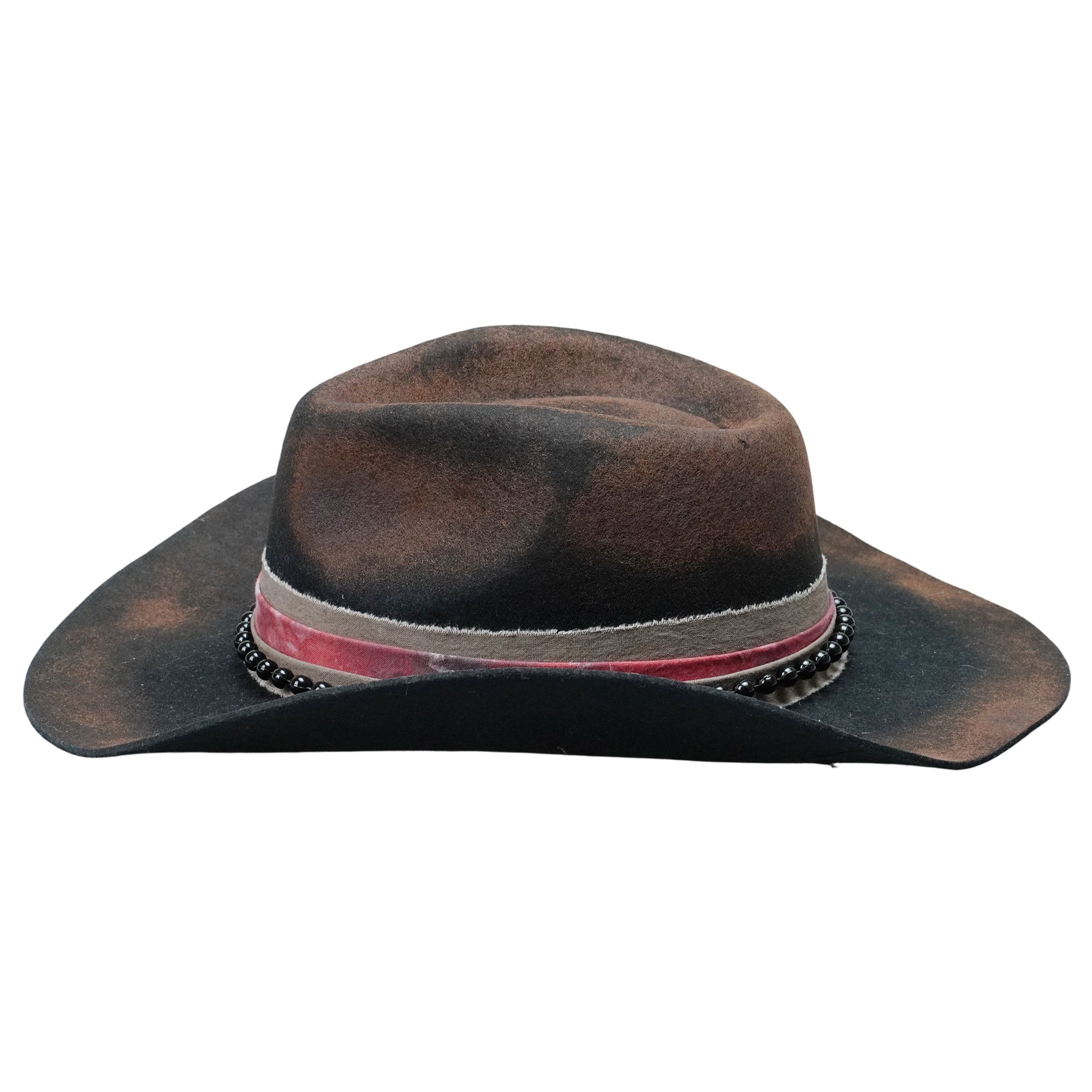 Distressed Black Rolled Brim Hat with Beaded Band