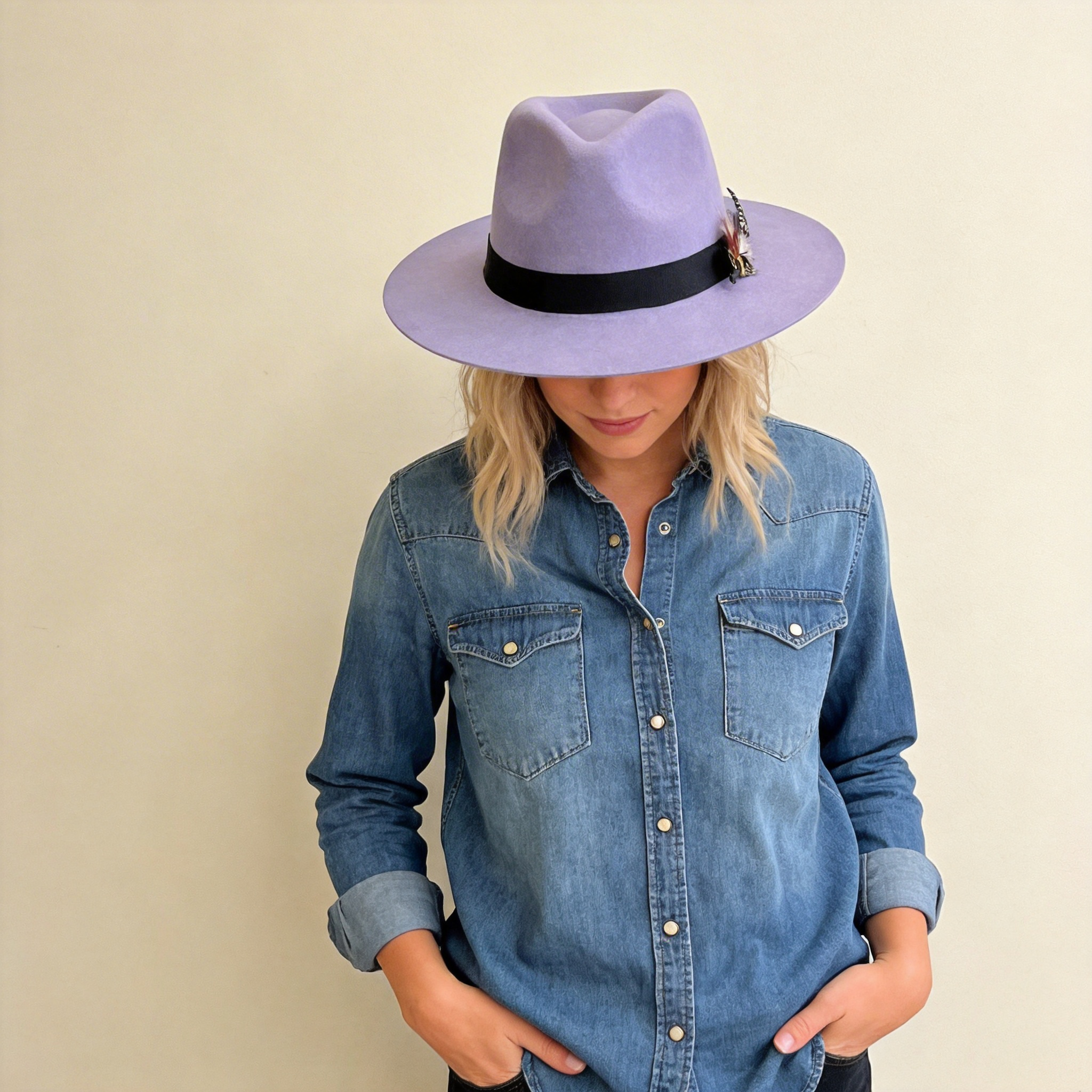 Violet Flat-Brim – Custom Feather Accent