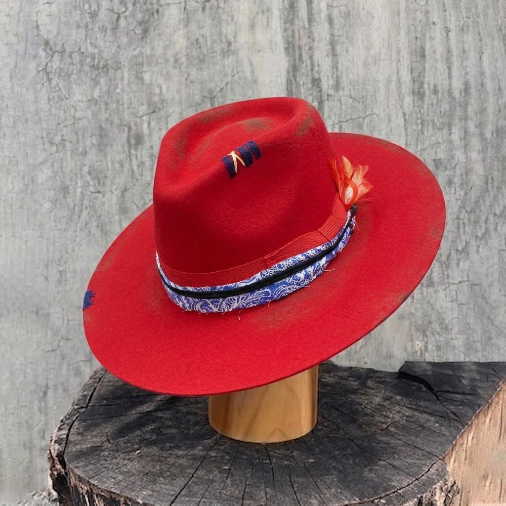 Red Felt Fedora with Patterned Band & Bow