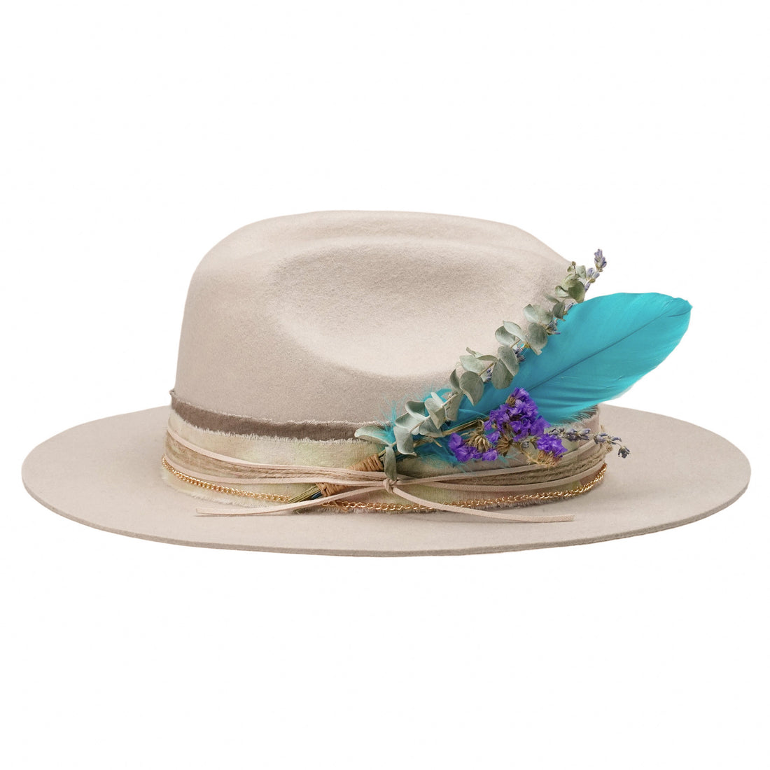 Oatmeal Felt Hat with Gold Chain & Feather Bouquet