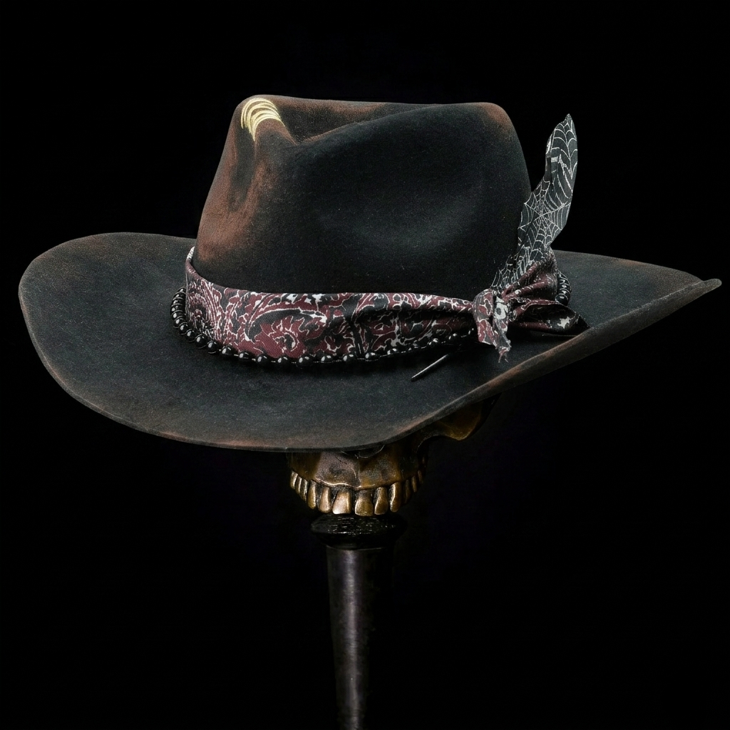 Hand-Burned Refined Felt Hat – Dark Tone, Delicate Beadwork