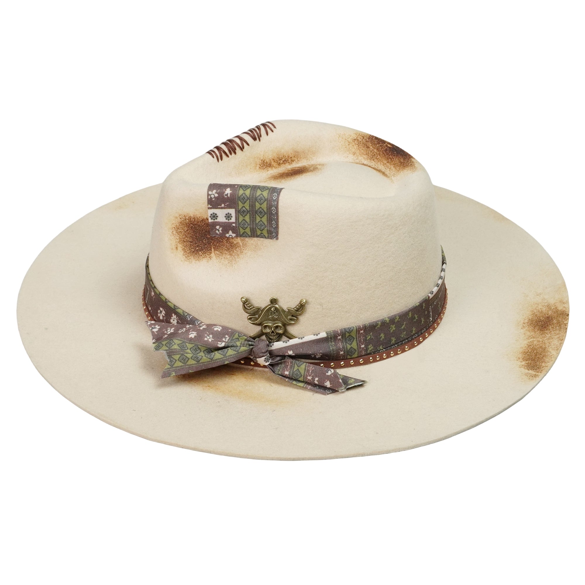 Hand-Burned Edgy Felt Hat – Neutral Tone, Mixed Media Band