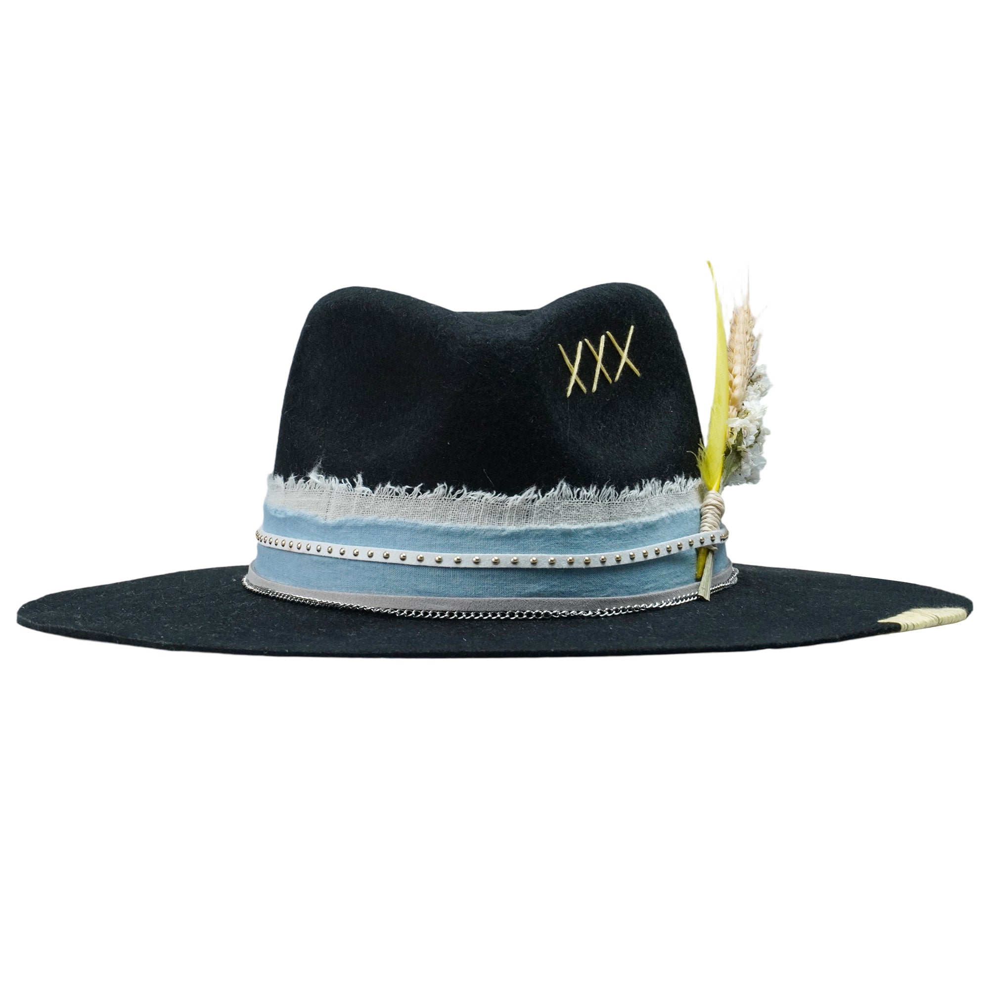 Black Felt Fedora with Denim & Leather Band