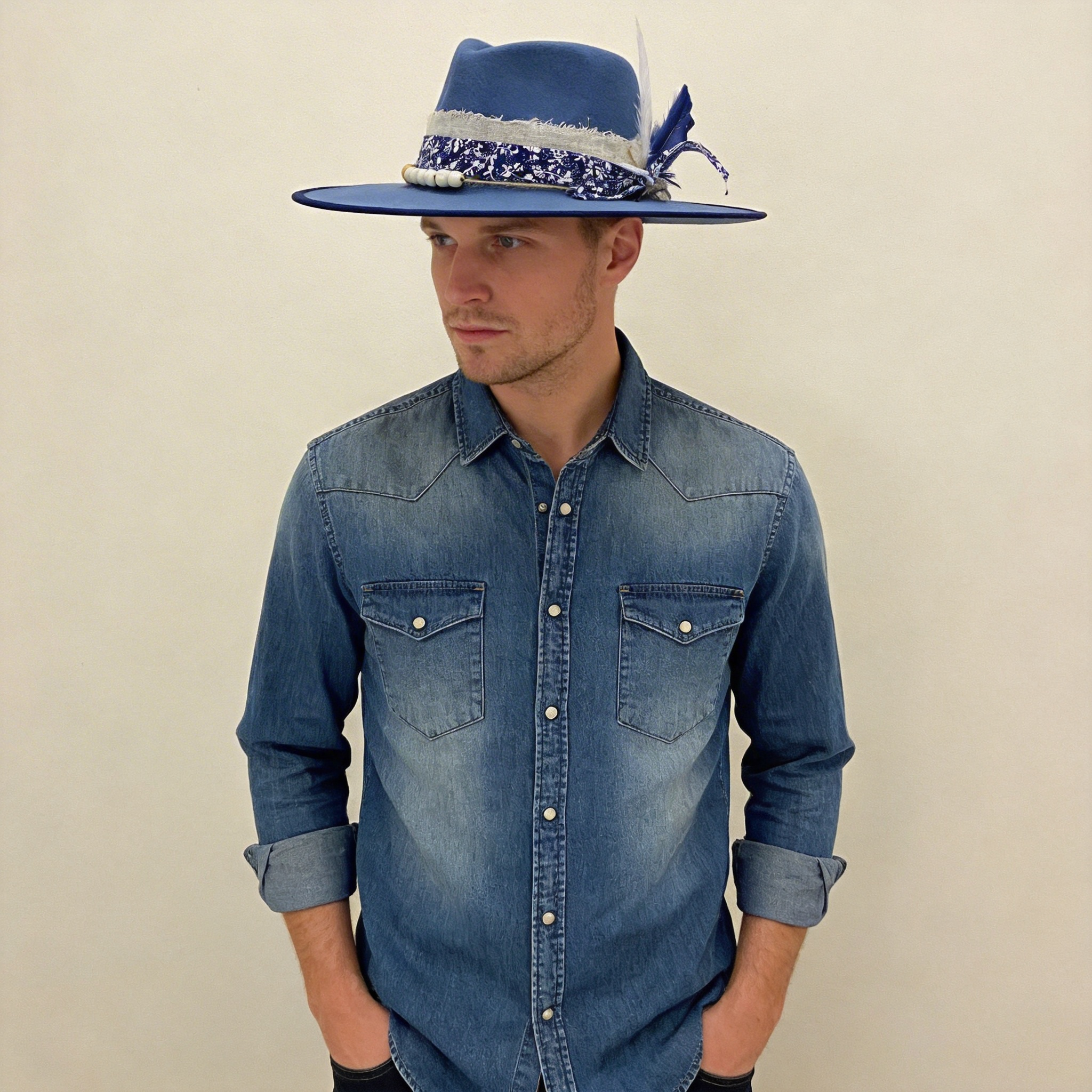 Denim Blue Wide-Brim – Print, Feather & Beads