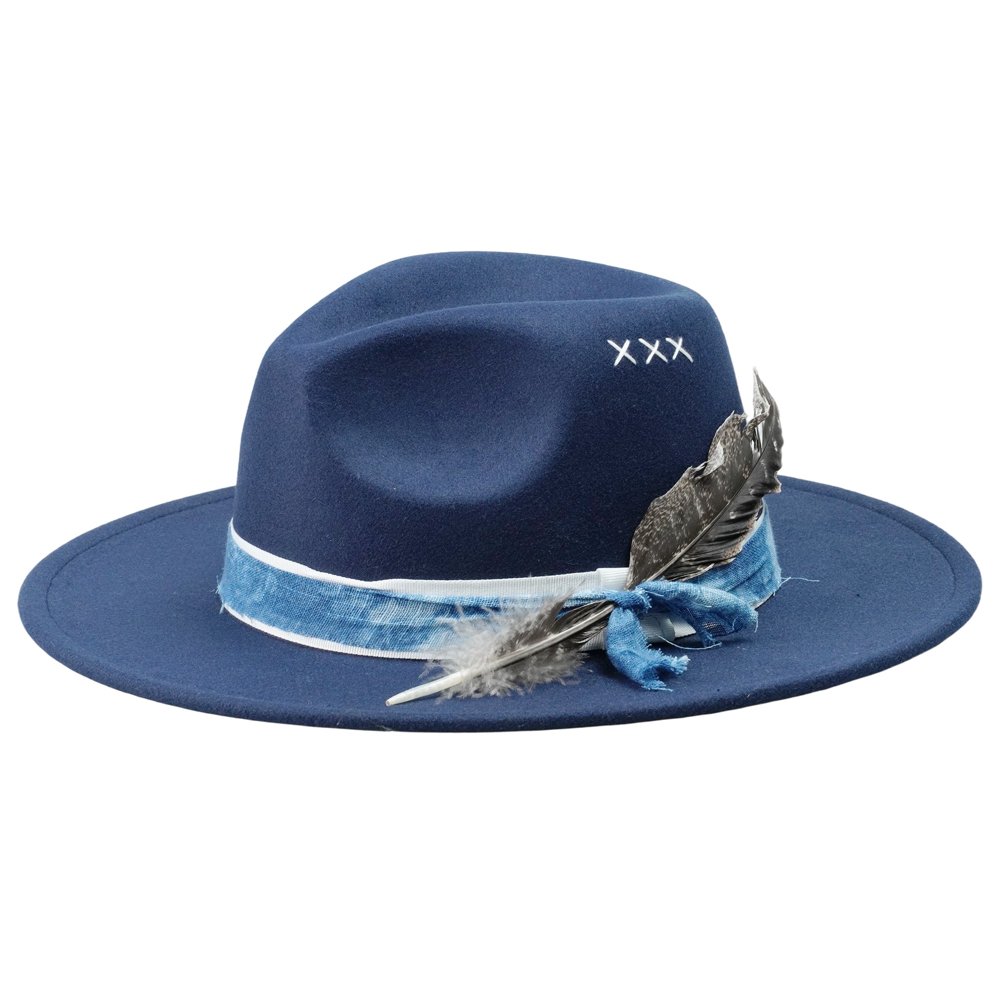 Blue Felt Fedora with Tie-Dye Band & Feather