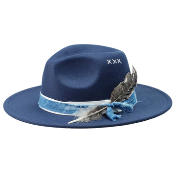 Blue Felt Fedora with Tie-Dye Band & Feather
