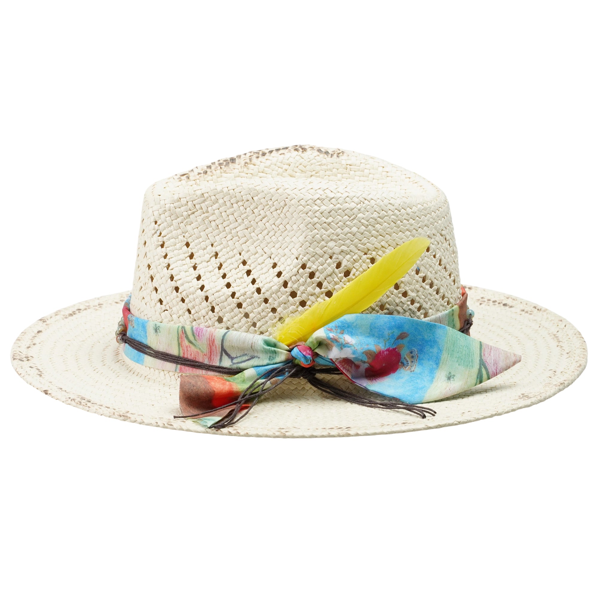 Artistic Straw Hat – Burnt Brim, Feather and Beaded Cord