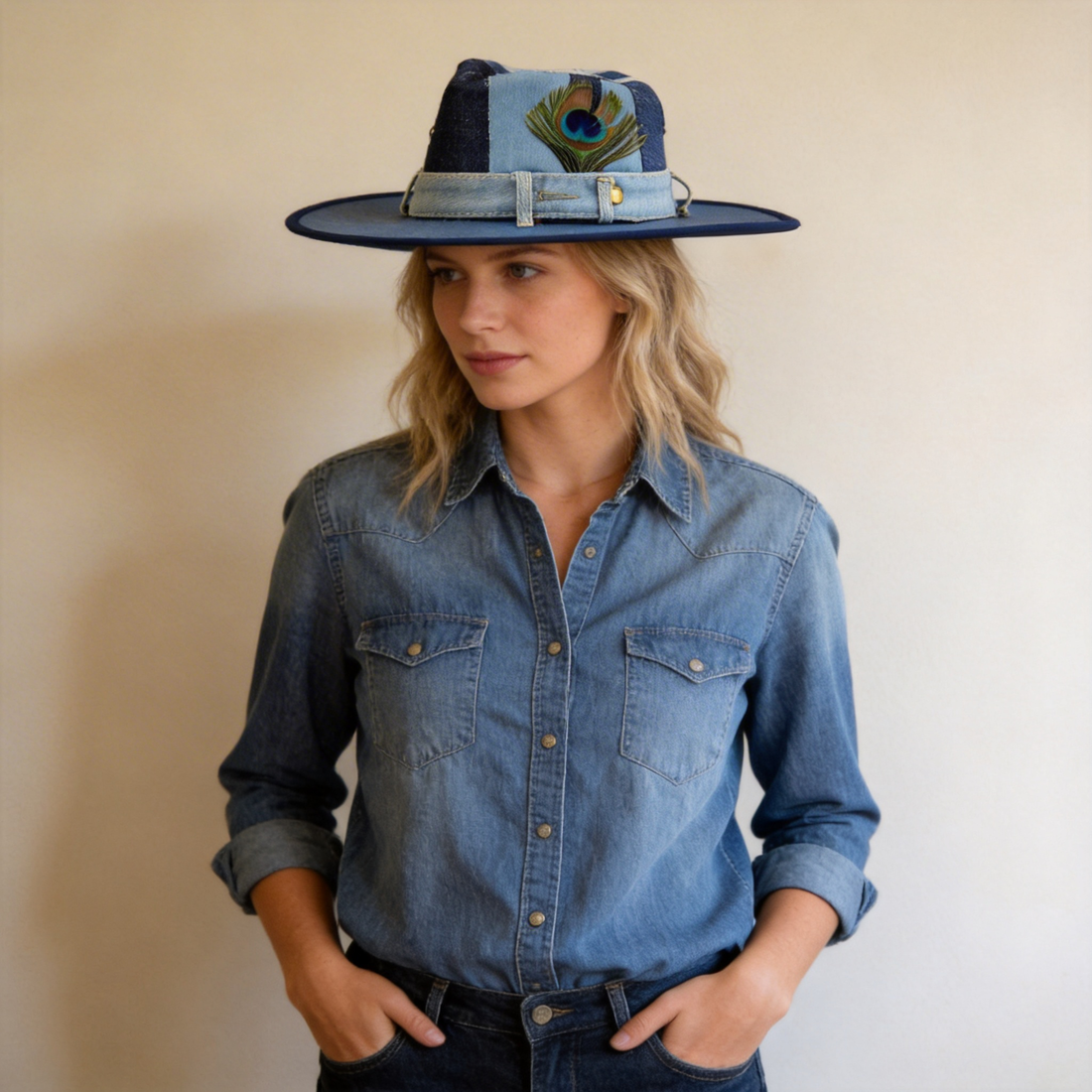 Patchwork Denim Wide-Brim Hat
