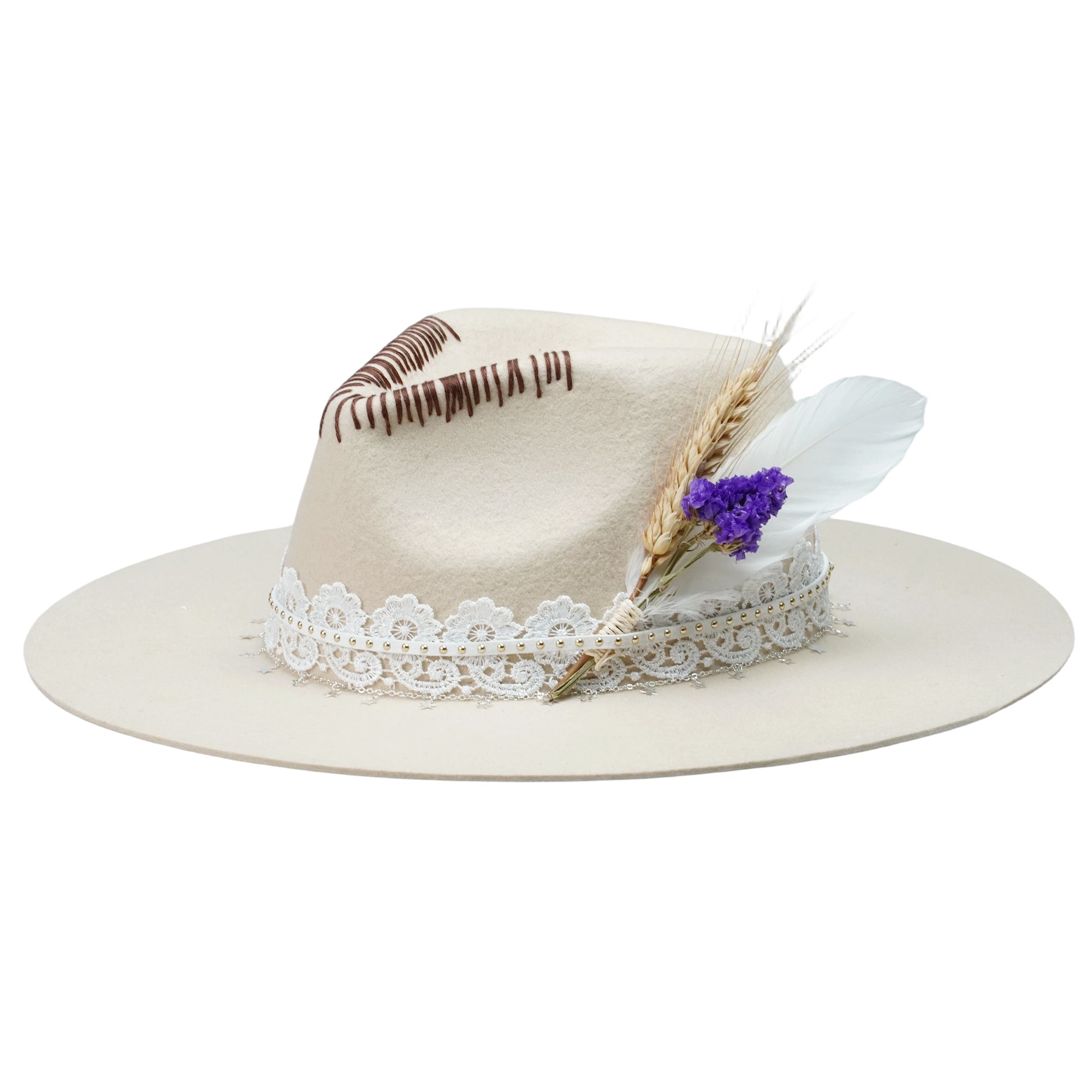 Cream Felt Fedora with Lace Band & Star Chain