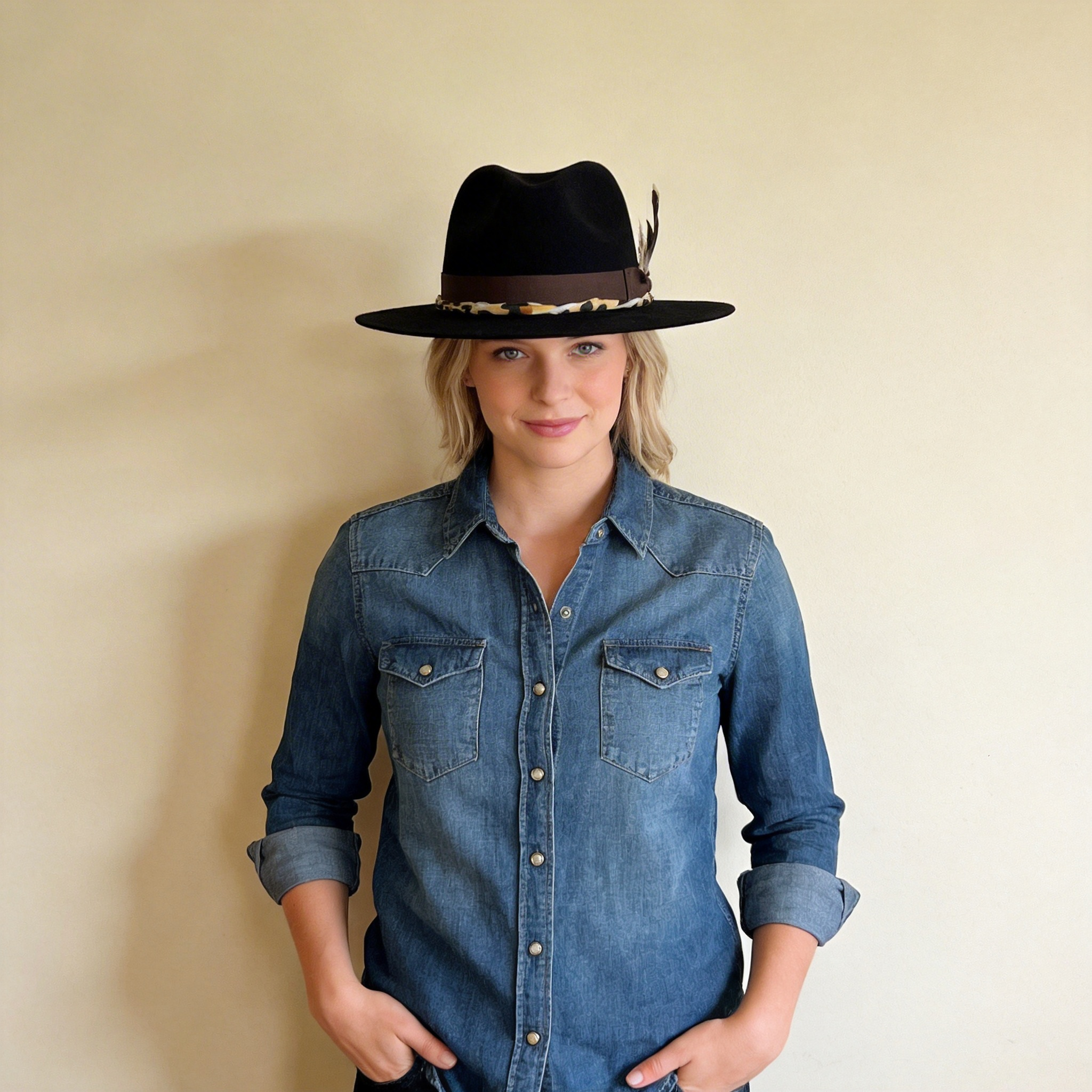 Modern Black Hat – Bold Print & Feather Detail