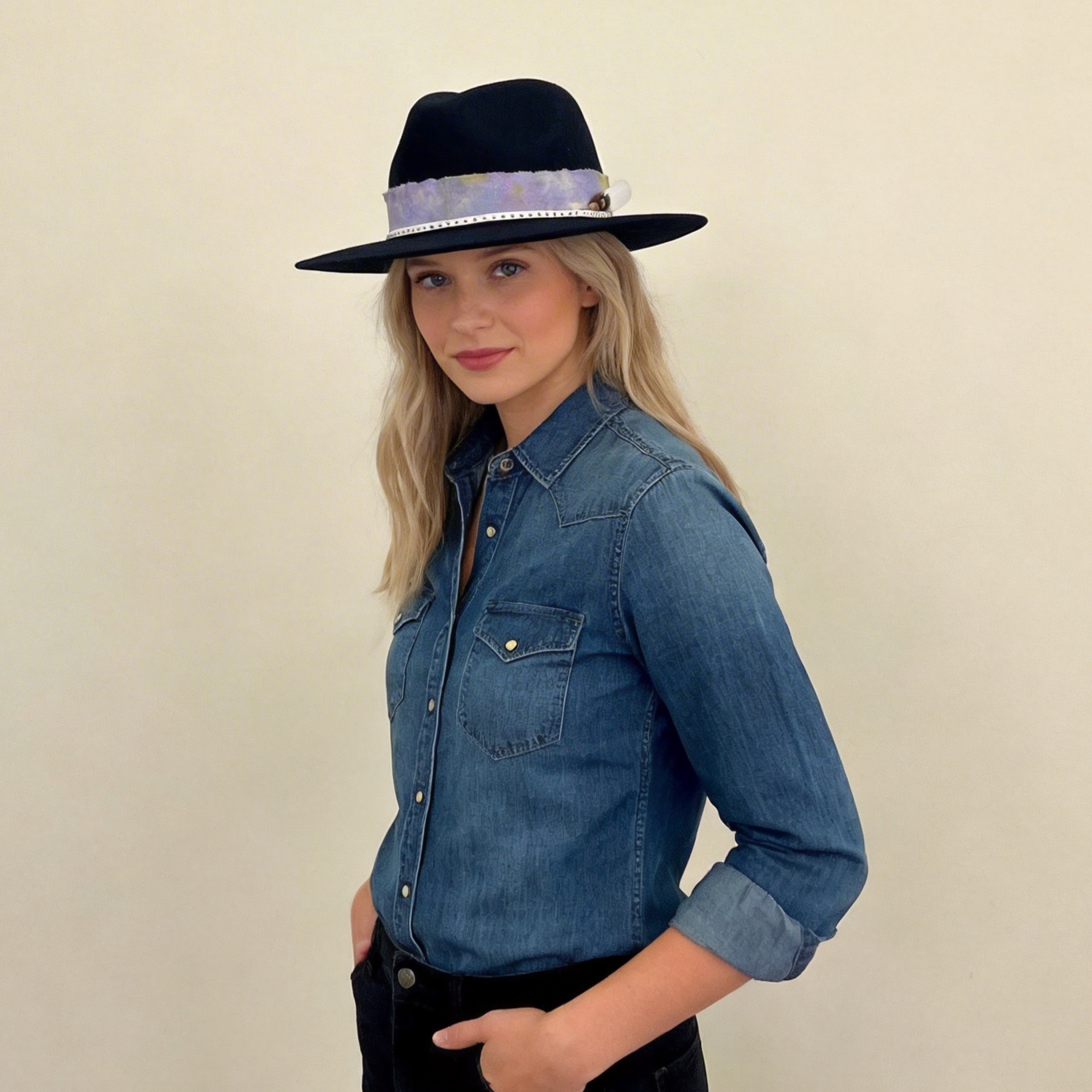 Black Flat-Brim – Purple Tie-Dye & Feather Band