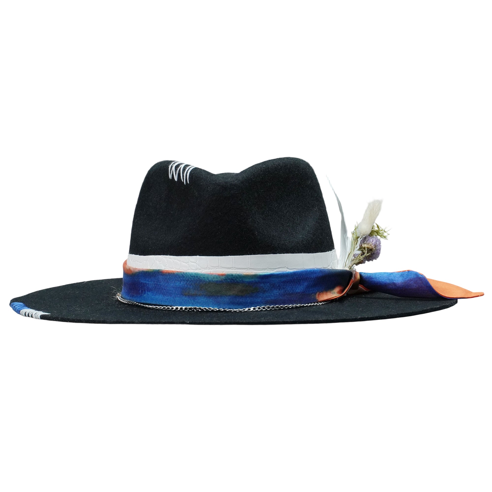 Black Felt Hat - Stitched Detail with Art Fabric Strap