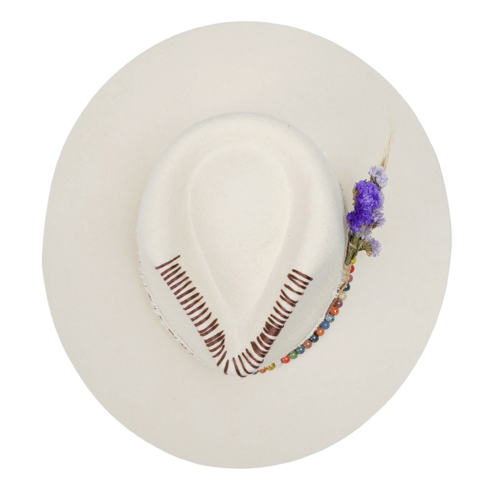 Cream Straight Brim Hat - Beaded Band & Stitching Detail