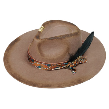 Hand-Burned Edgy Felt Hat – Neutral Tone, Feather Detail