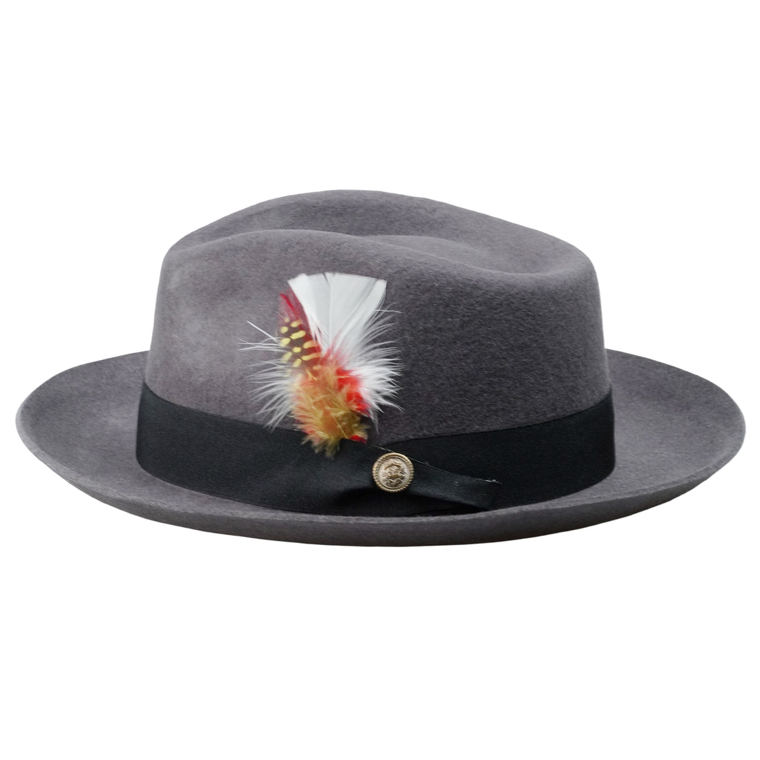 Gray Rolled Brim Fedora with Feather & Metal Buckle