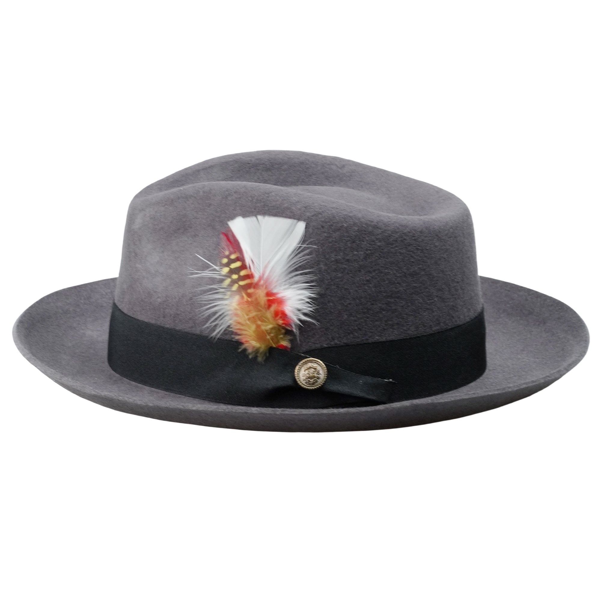 Gray Rolled Brim Fedora with Feather & Metal Buckle
