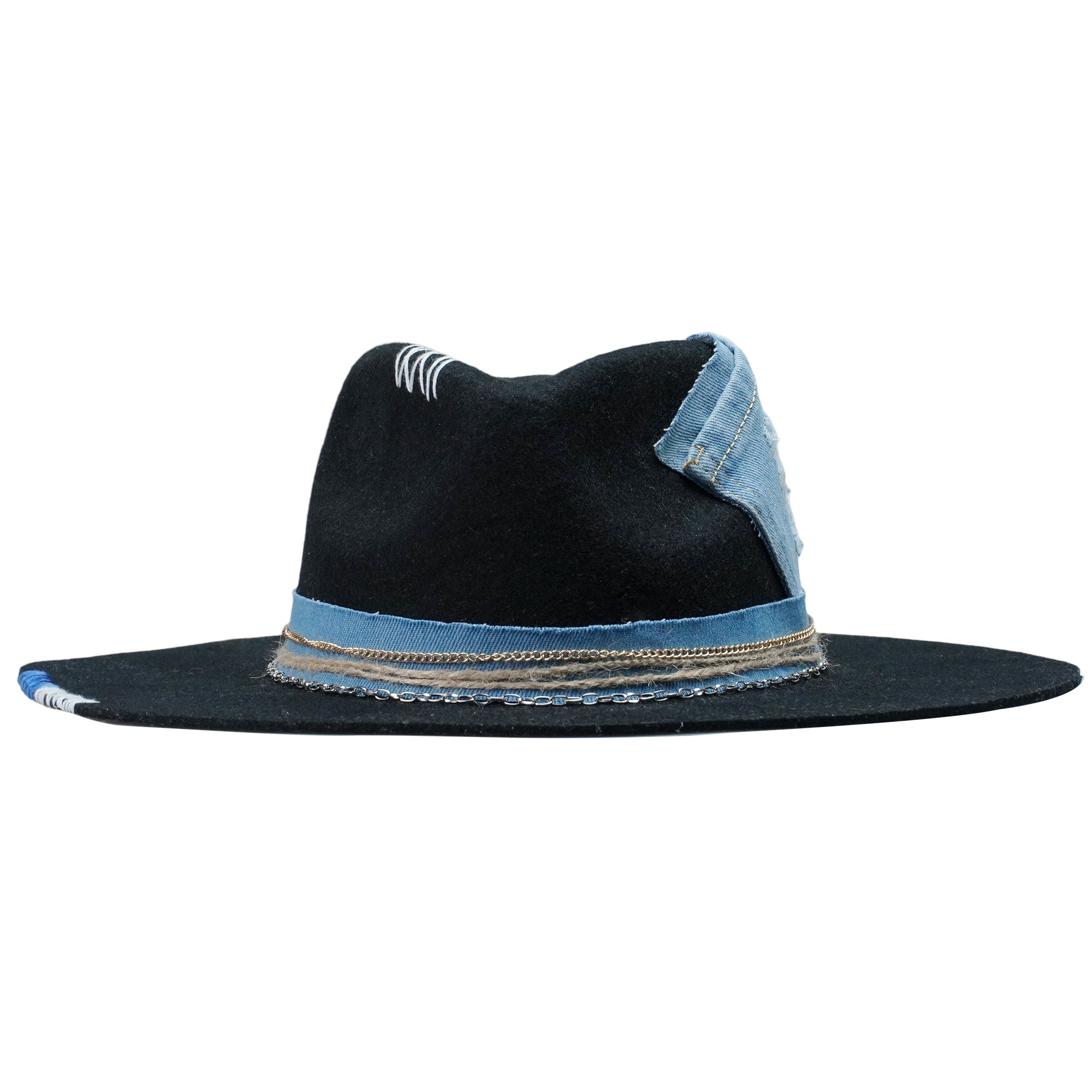 Teardrop Fedora - Black with Denim Stitching