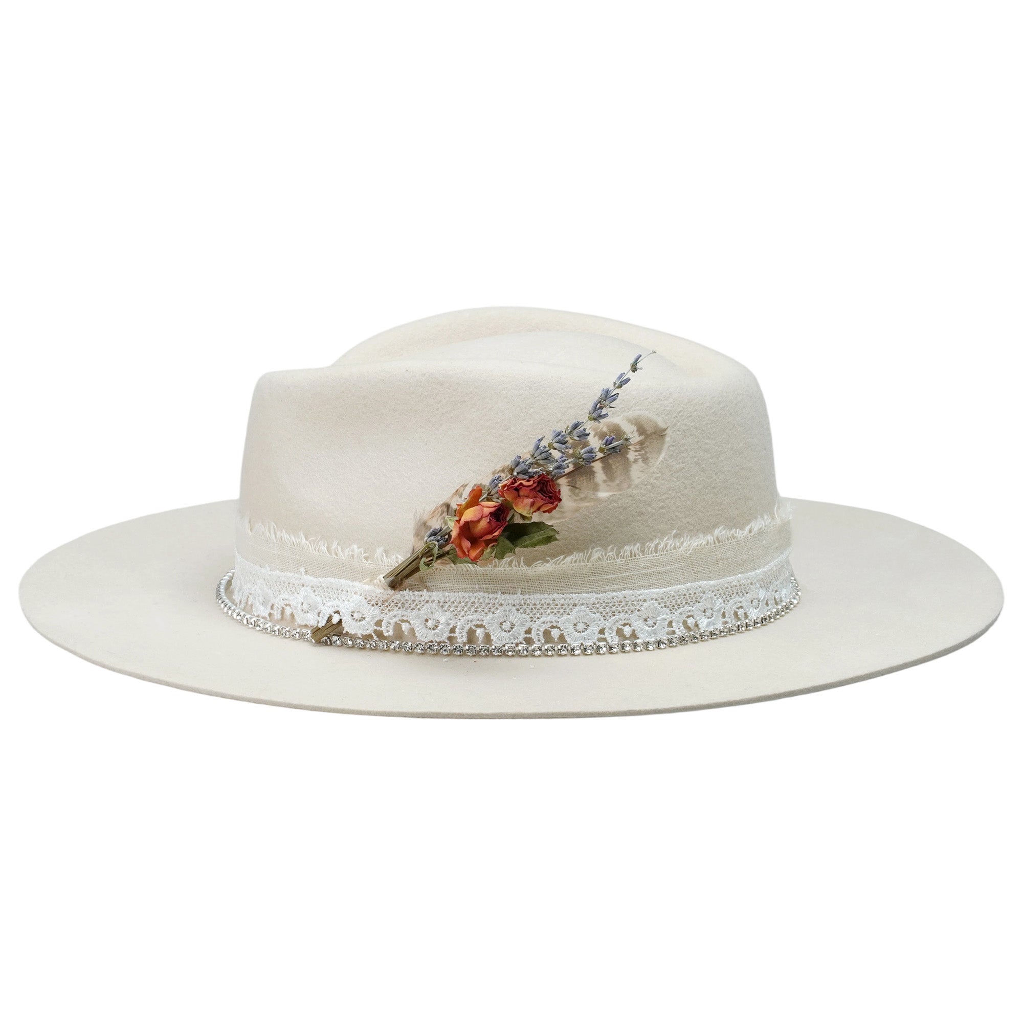 Cream Felt Fedora with Lace Band & Diamond Chain
