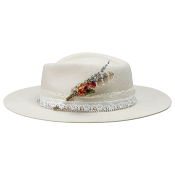 Cream Felt Fedora with Lace Band & Diamond Chain