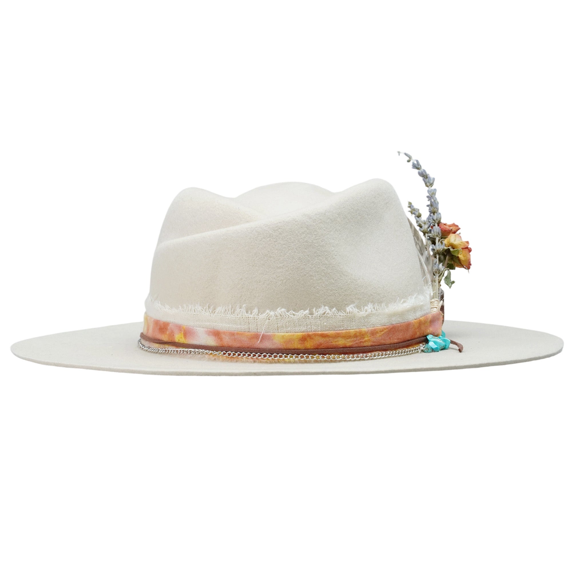 Cream Felt Fedora with Rose Crown & Dried Flowers