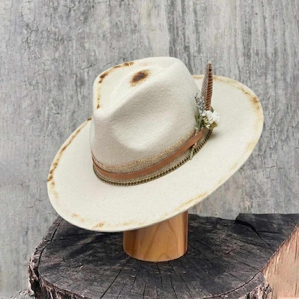 Off-White Flat Brim Felt Hat with Dried Flowers