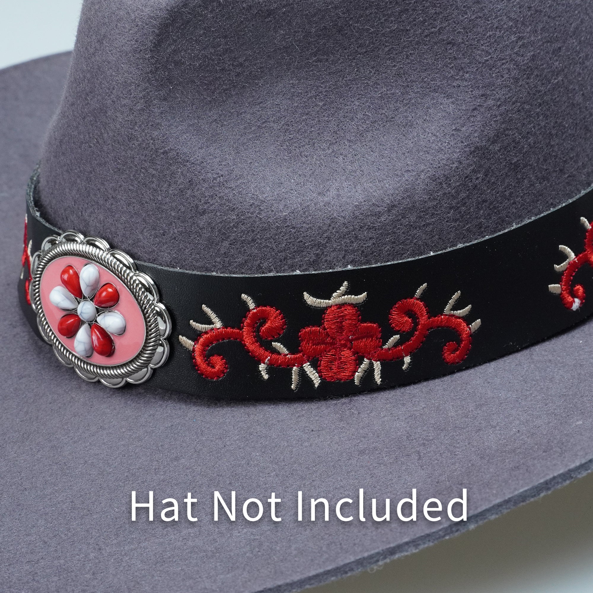 FLORAL EMBROIDERY METAL LEATHER HAT BAND