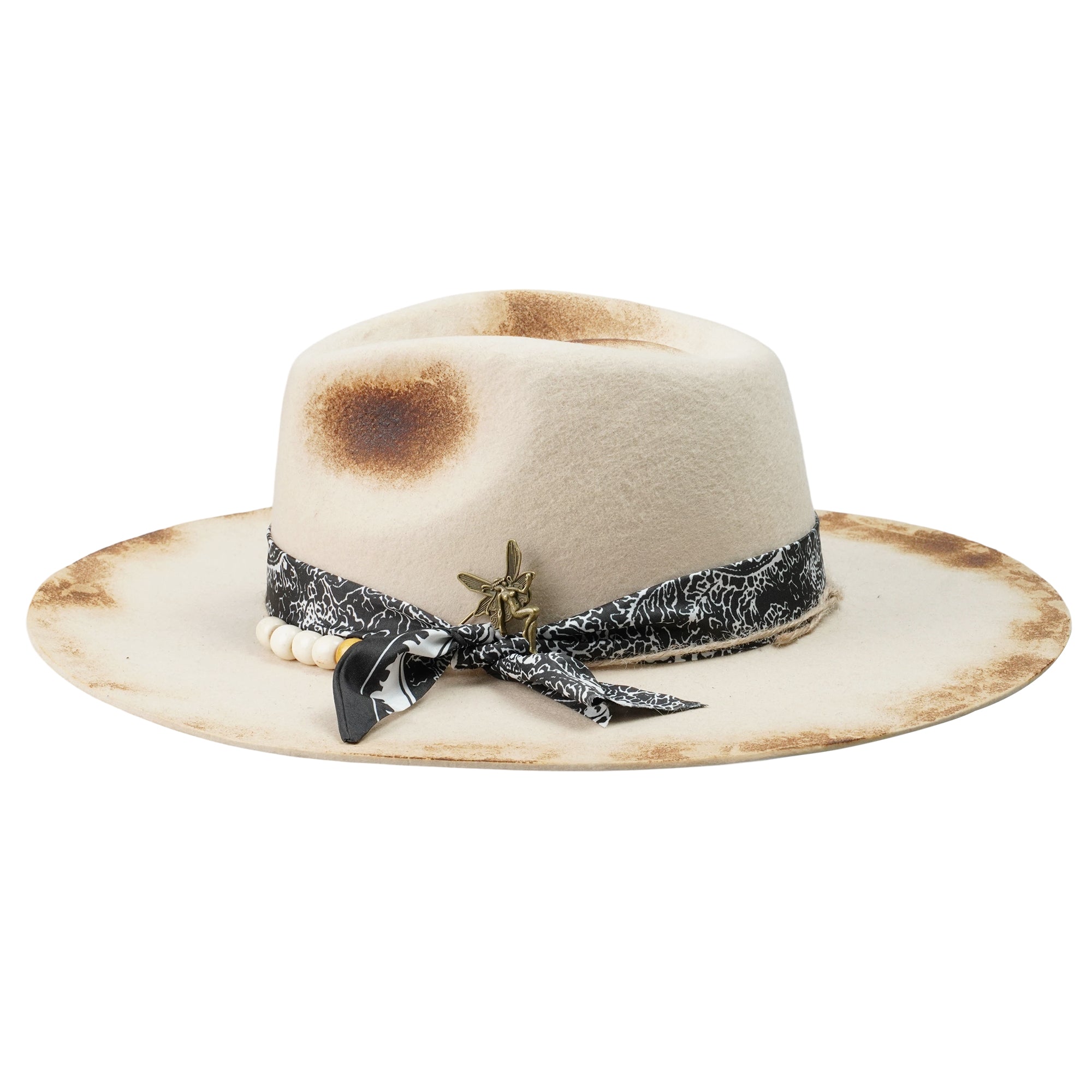 Hand-Burned Straight-Brim Felt Hat – Beaded Band, Vintage Metal Pin