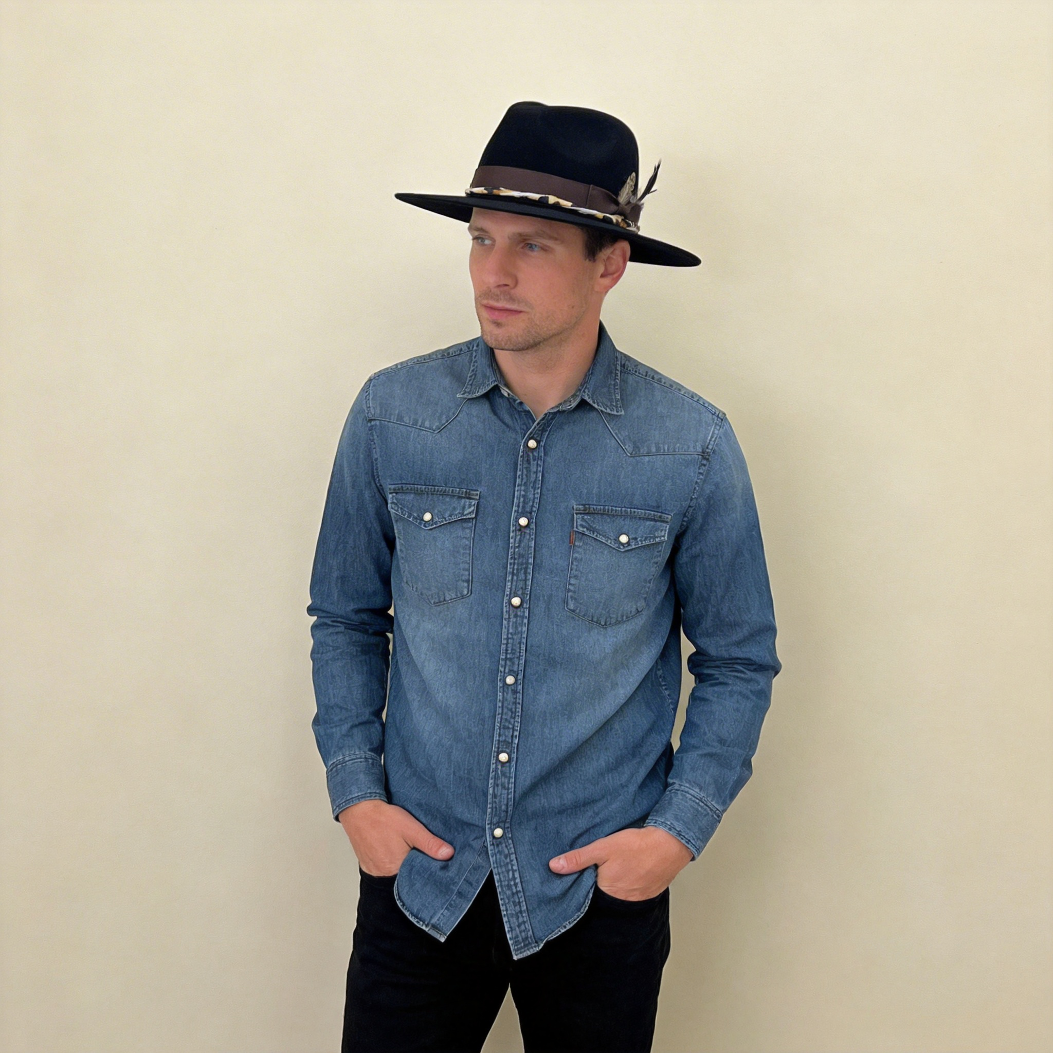 Modern Black Hat – Bold Print & Feather Detail