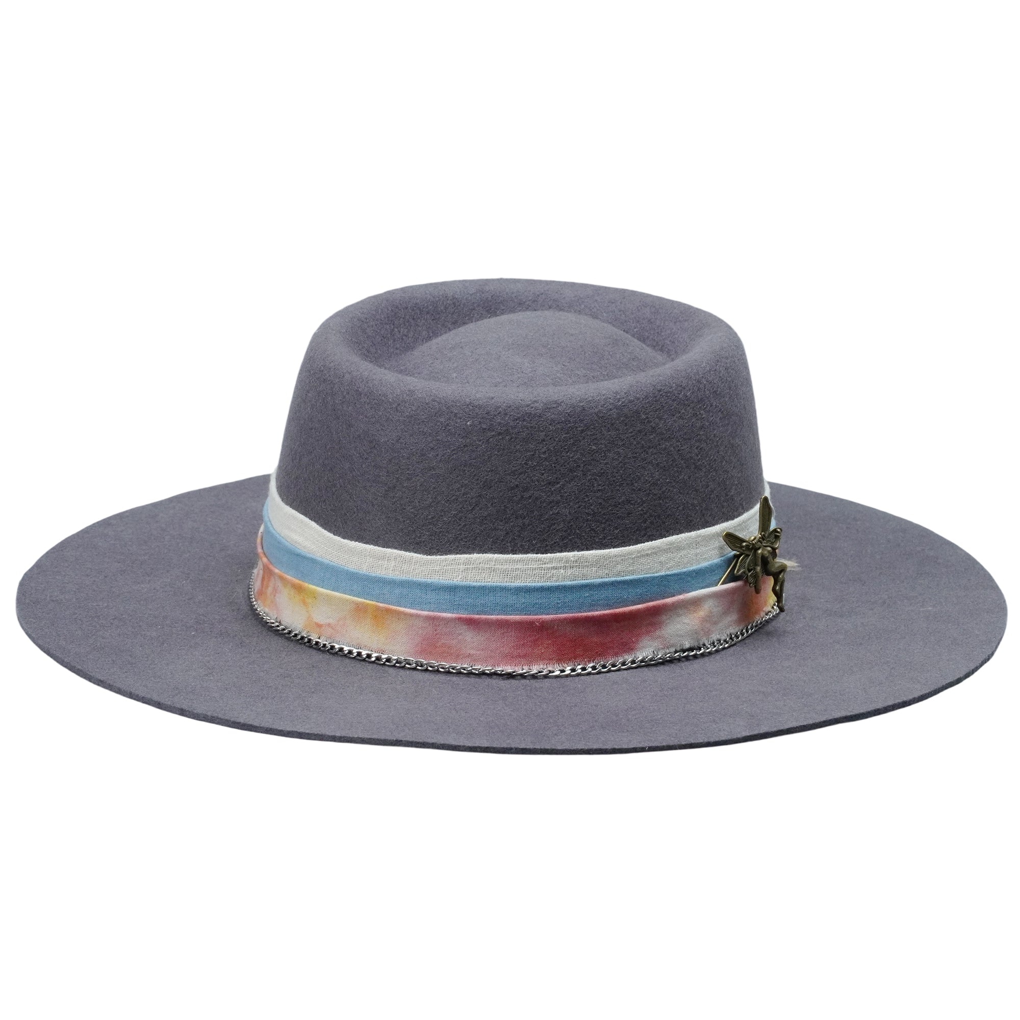 Gray Flat Brim Felt Hat with Vintage Bronze Pin