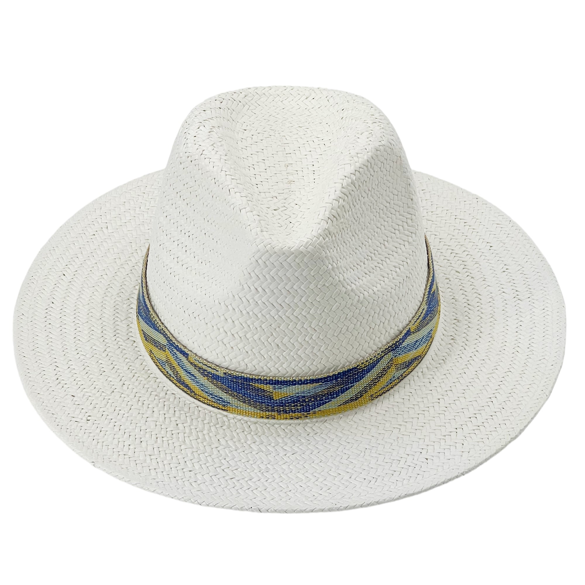 White Straw Hat – Woven Blue & Yellow Trim