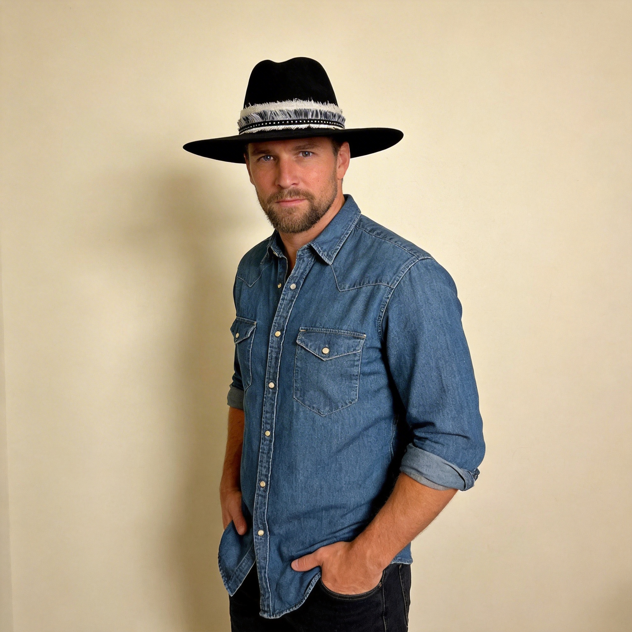 Black Wide-Brim Hat – Woven Band Detail