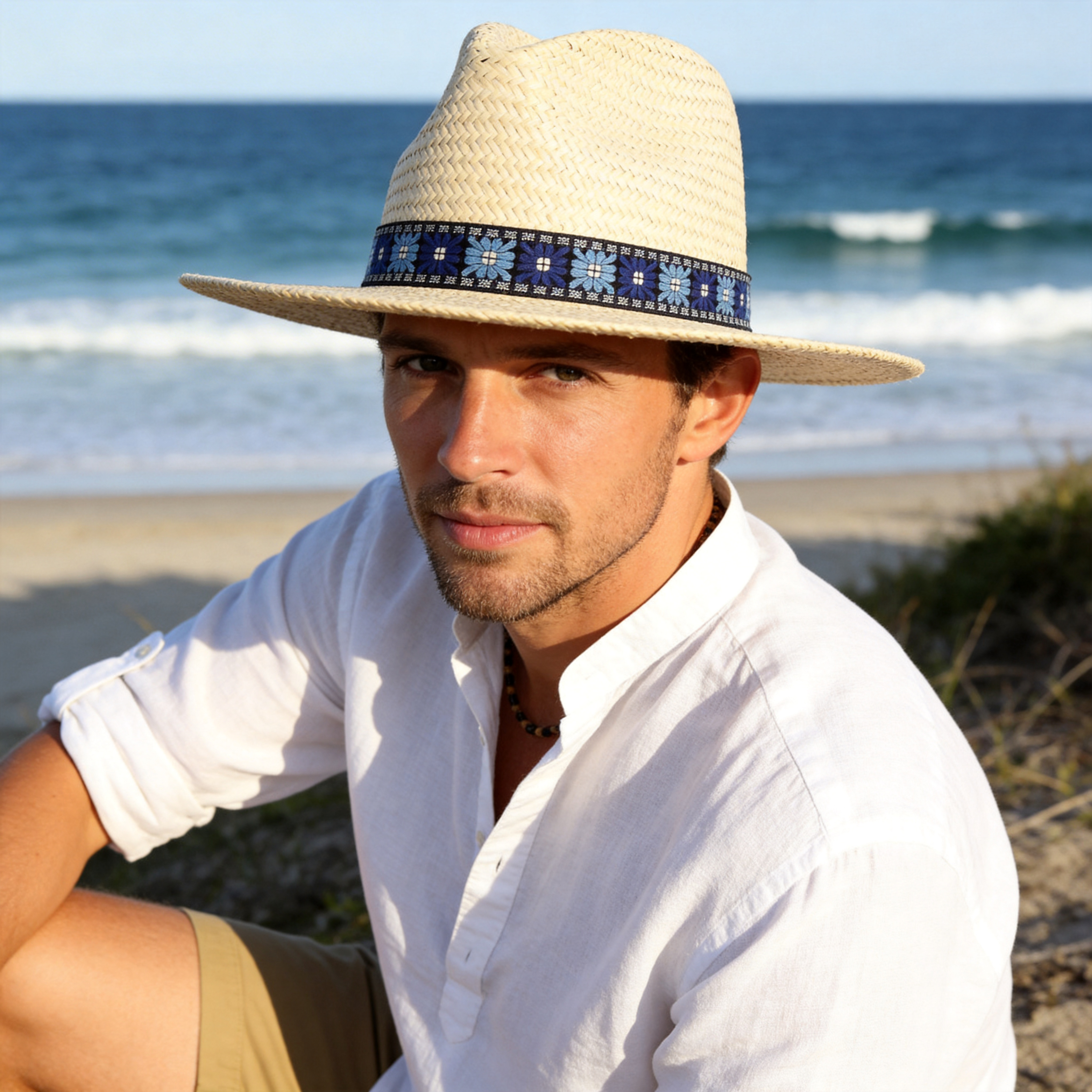 Modern Straw Hat – Woven Accent in Beige