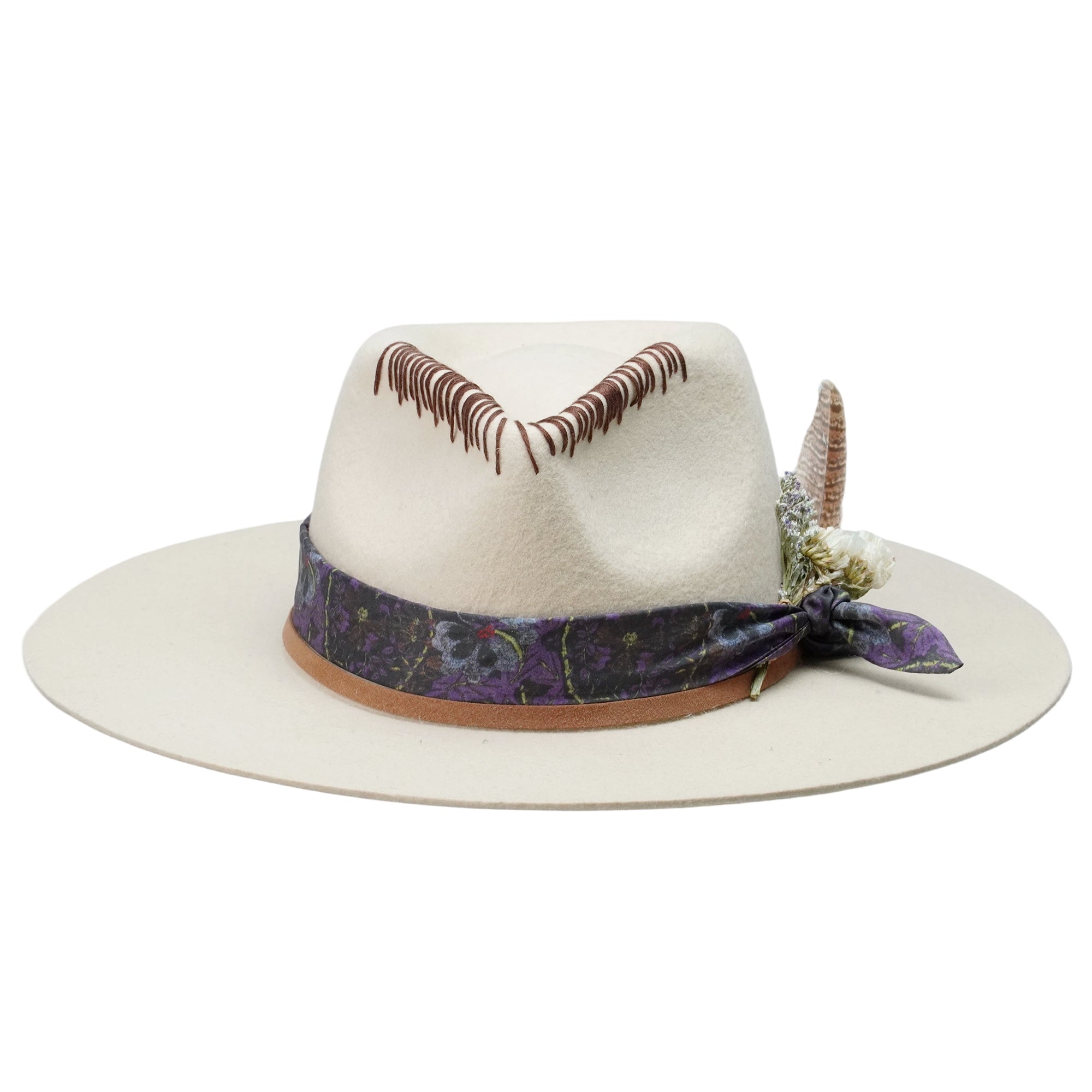 Teardrop Fedora - Off-White with Feather & Brown Cord Detail
