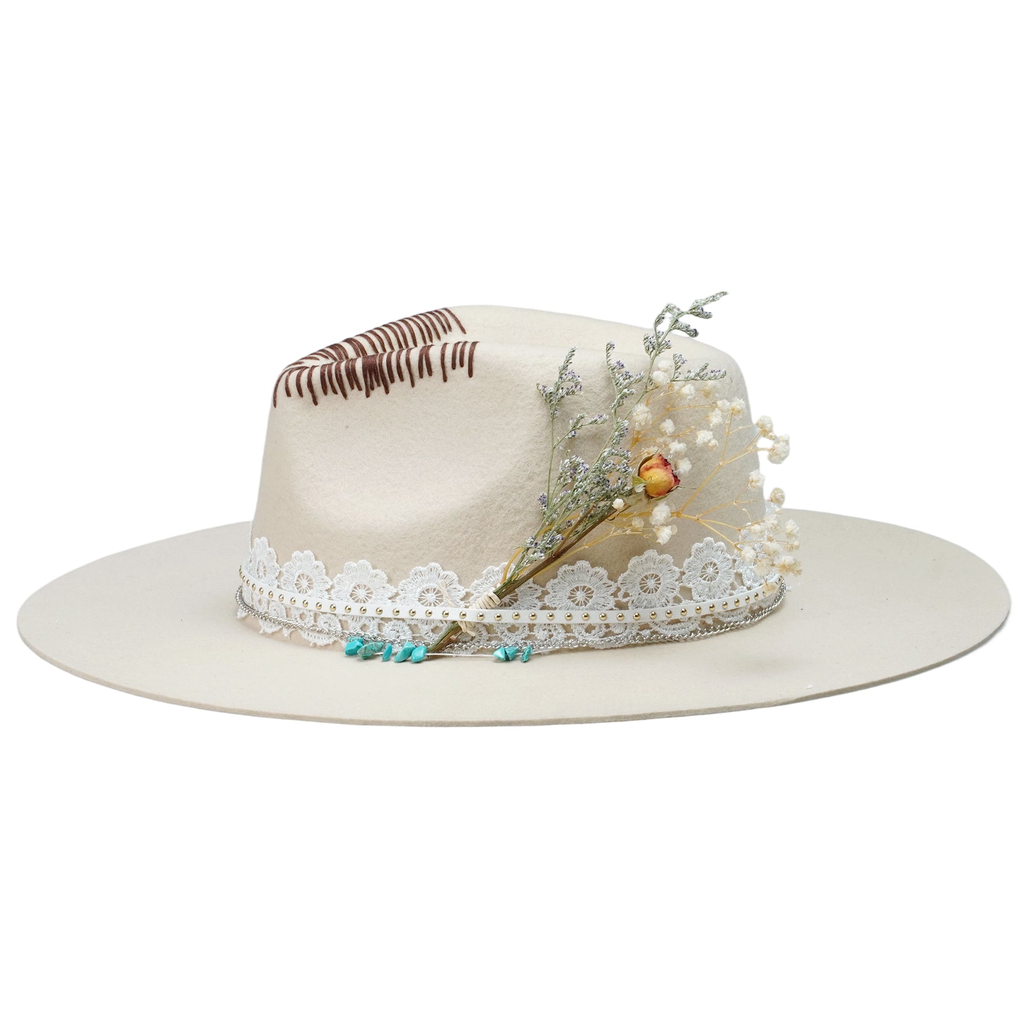 Cream Felt Fedora with Lace Band & Turquoise Beads
