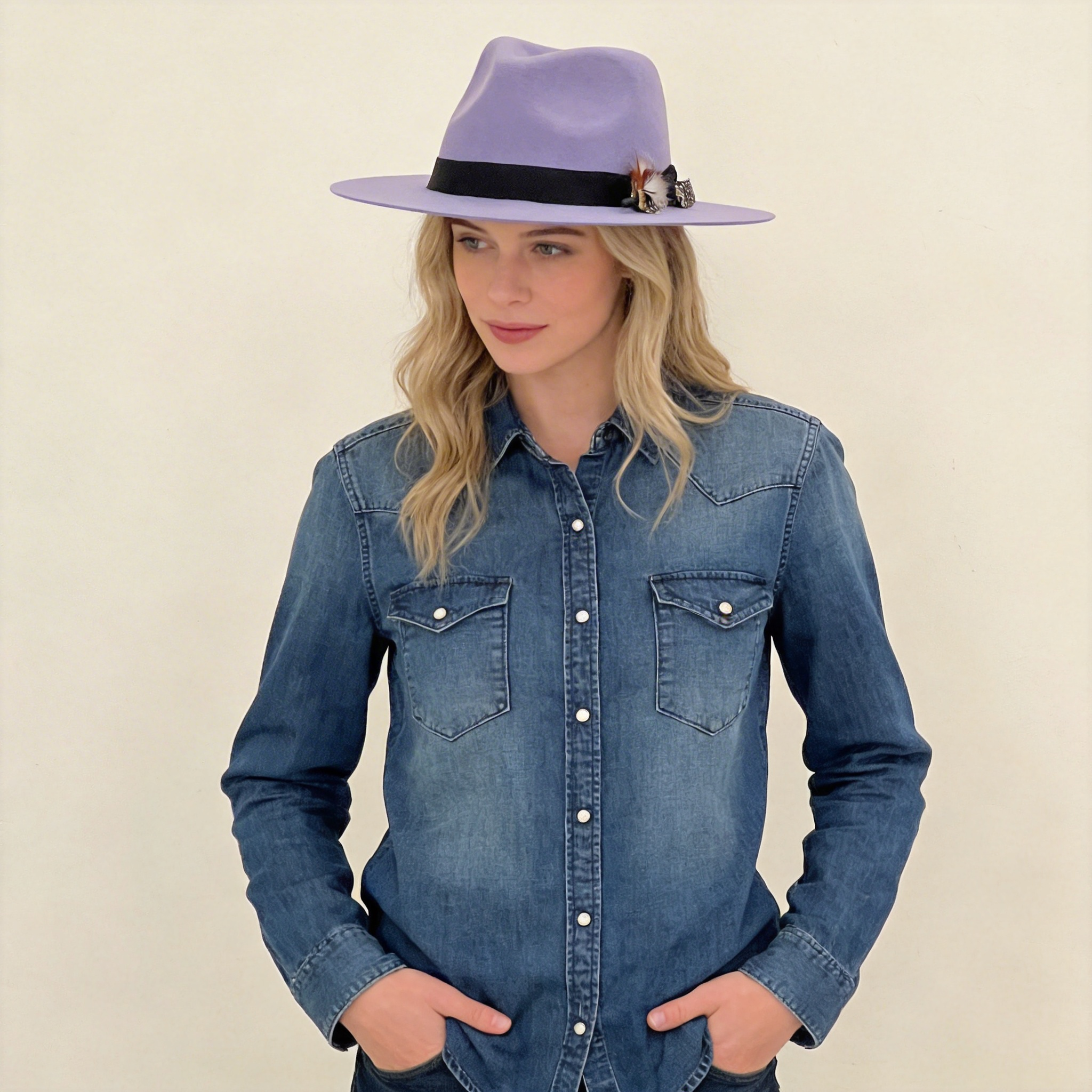 Violet Flat-Brim – Custom Feather Accent