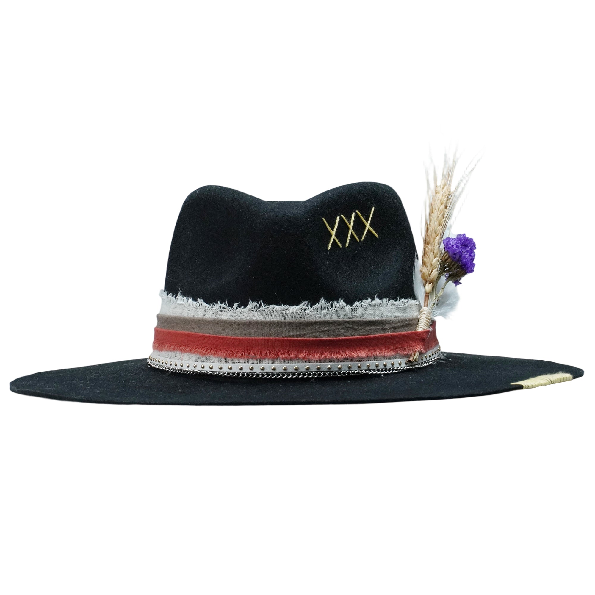 Black Felt Hat with Stitched Crown & Silver Chain Detail