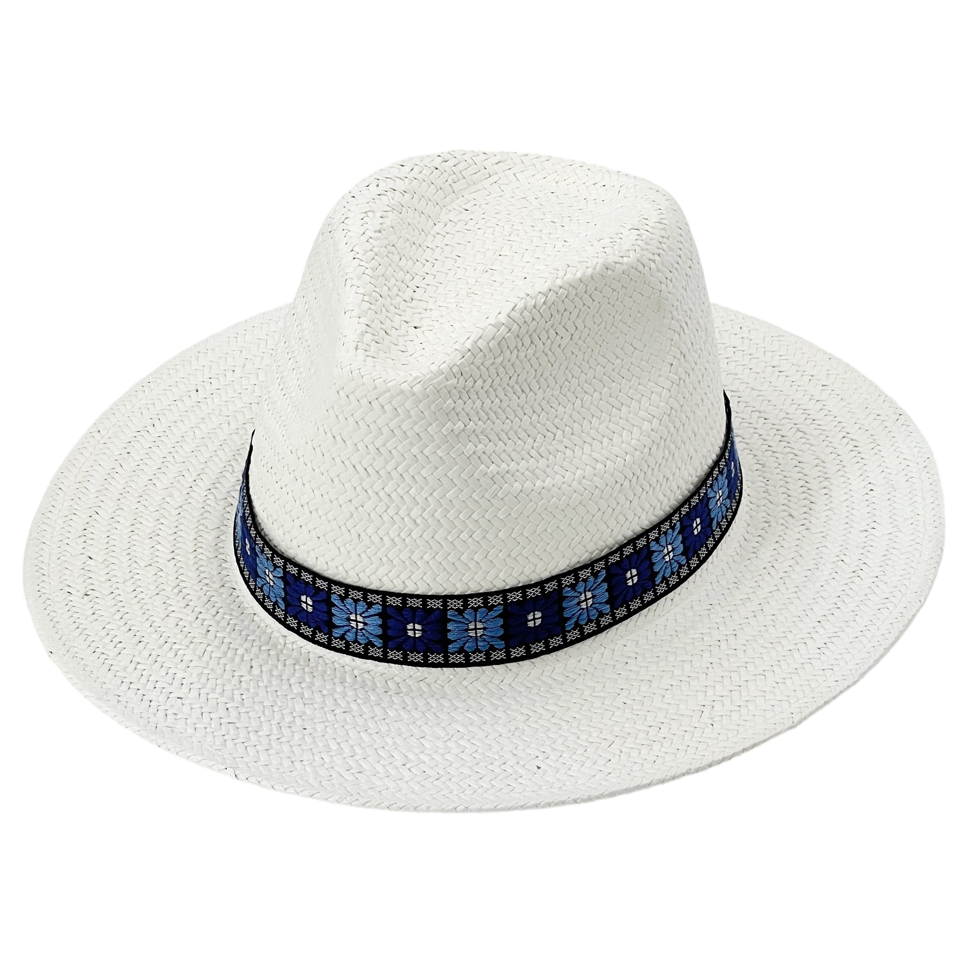 Straw Hat with Patterned Fabric Band