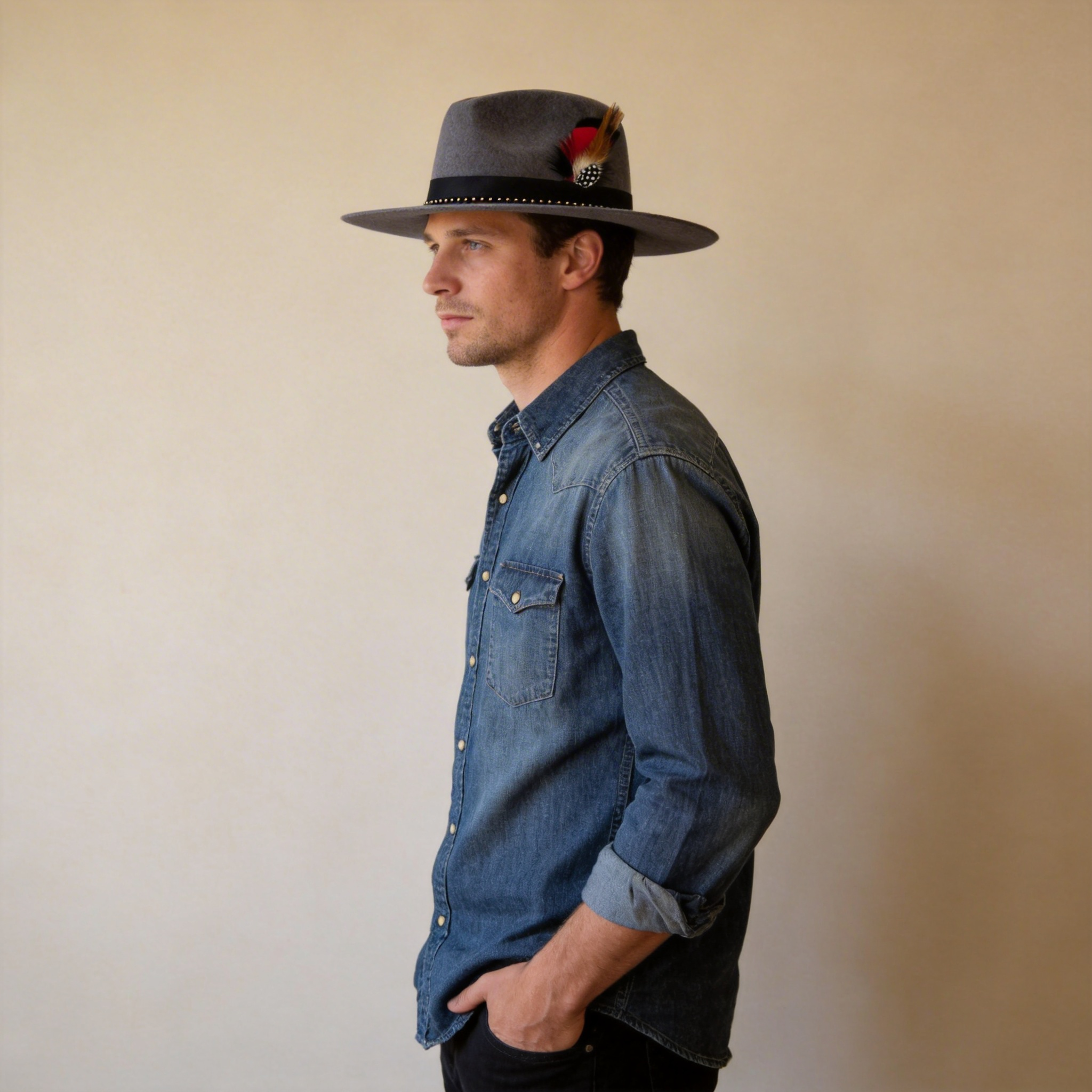 Deep Gray Wide-Brim – Bright Feather Accent