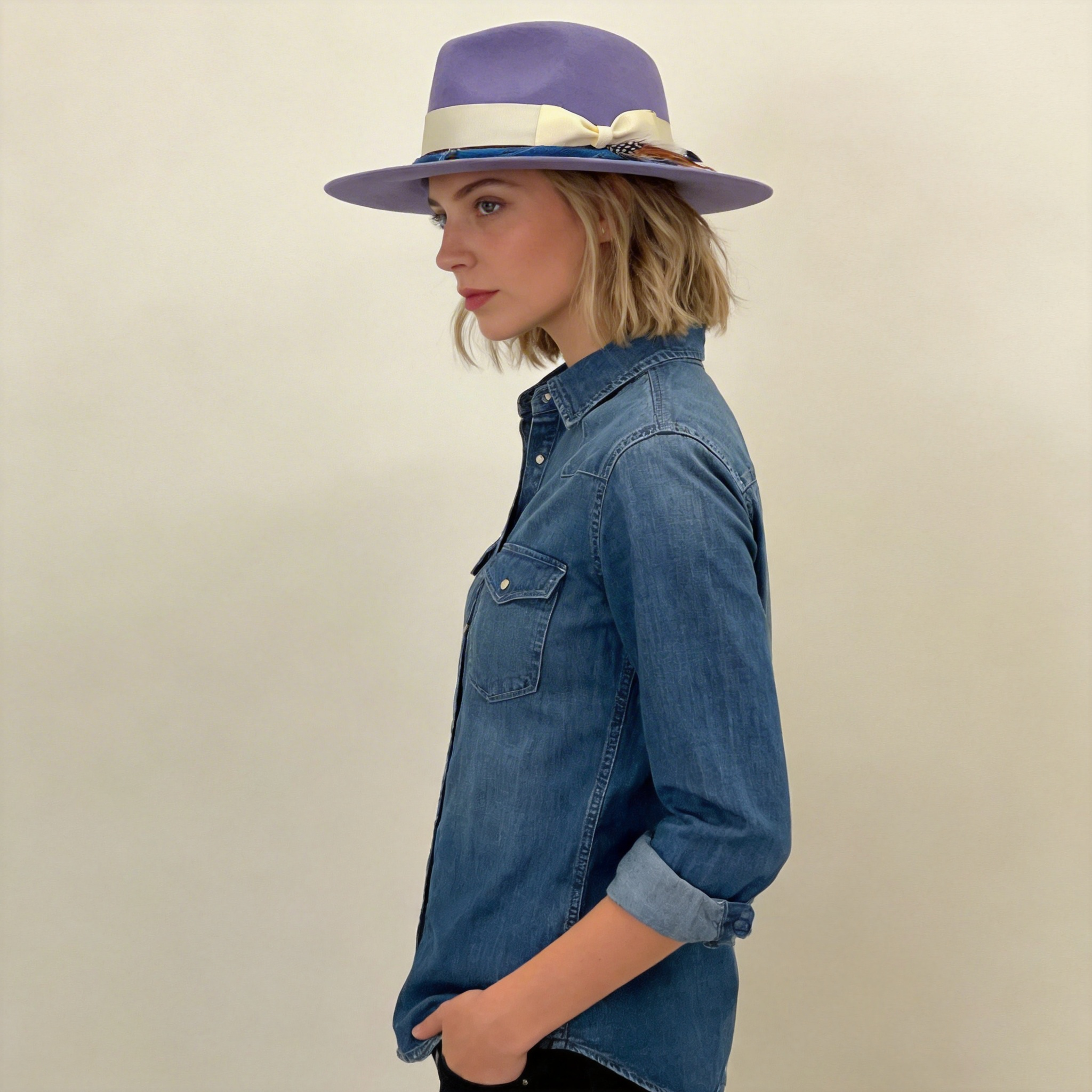 Violet Flat-Brim – White Bow, Blue & Feather