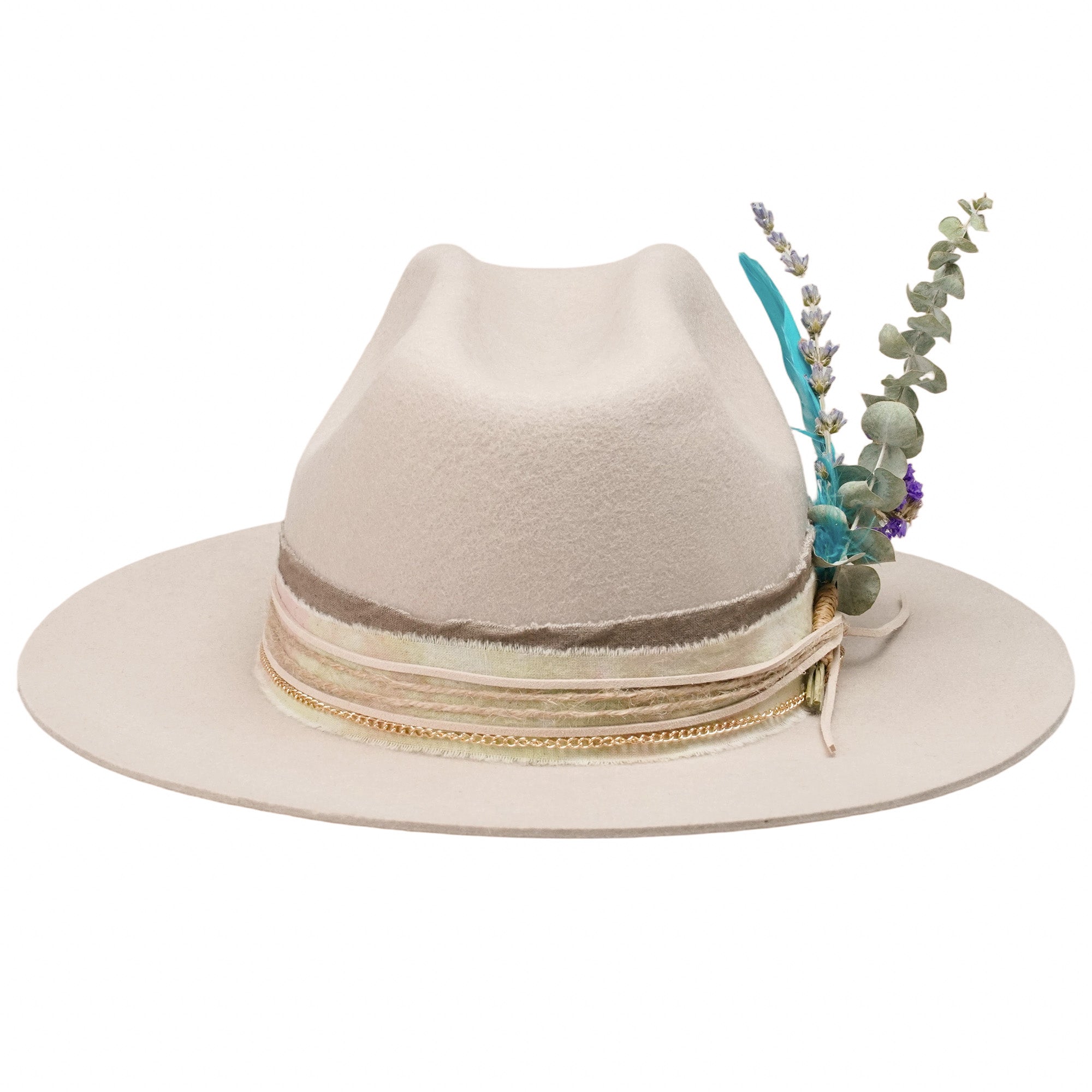 Oatmeal Felt Hat with Gold Chain & Feather Bouquet