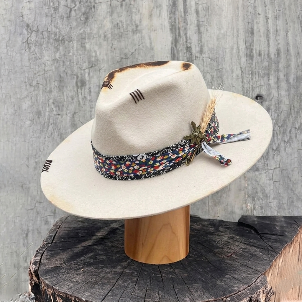 Elegant Off-White Hat – Floral Trim, Rustic Accents