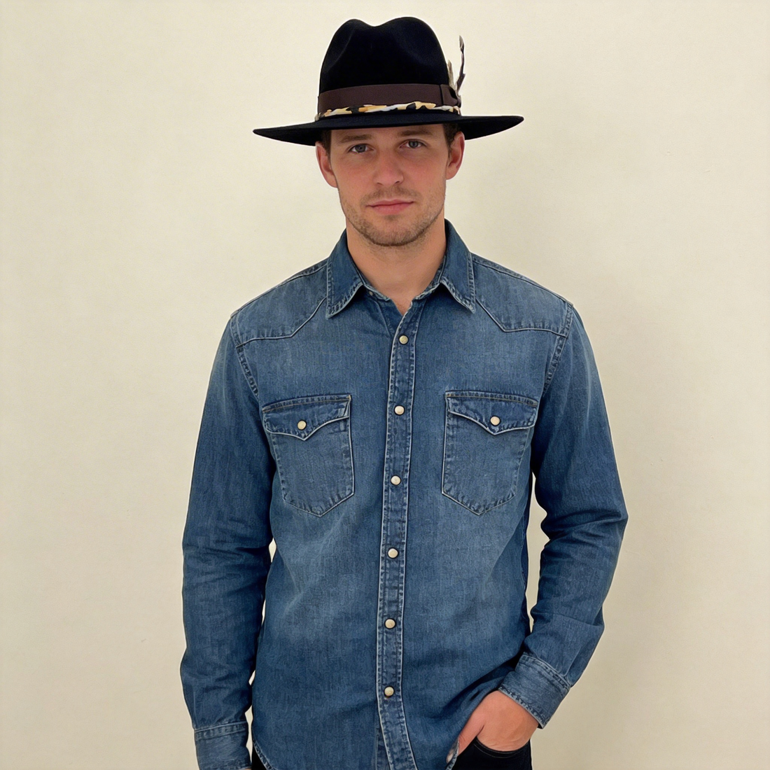 Modern Black Hat – Bold Print & Feather Detail