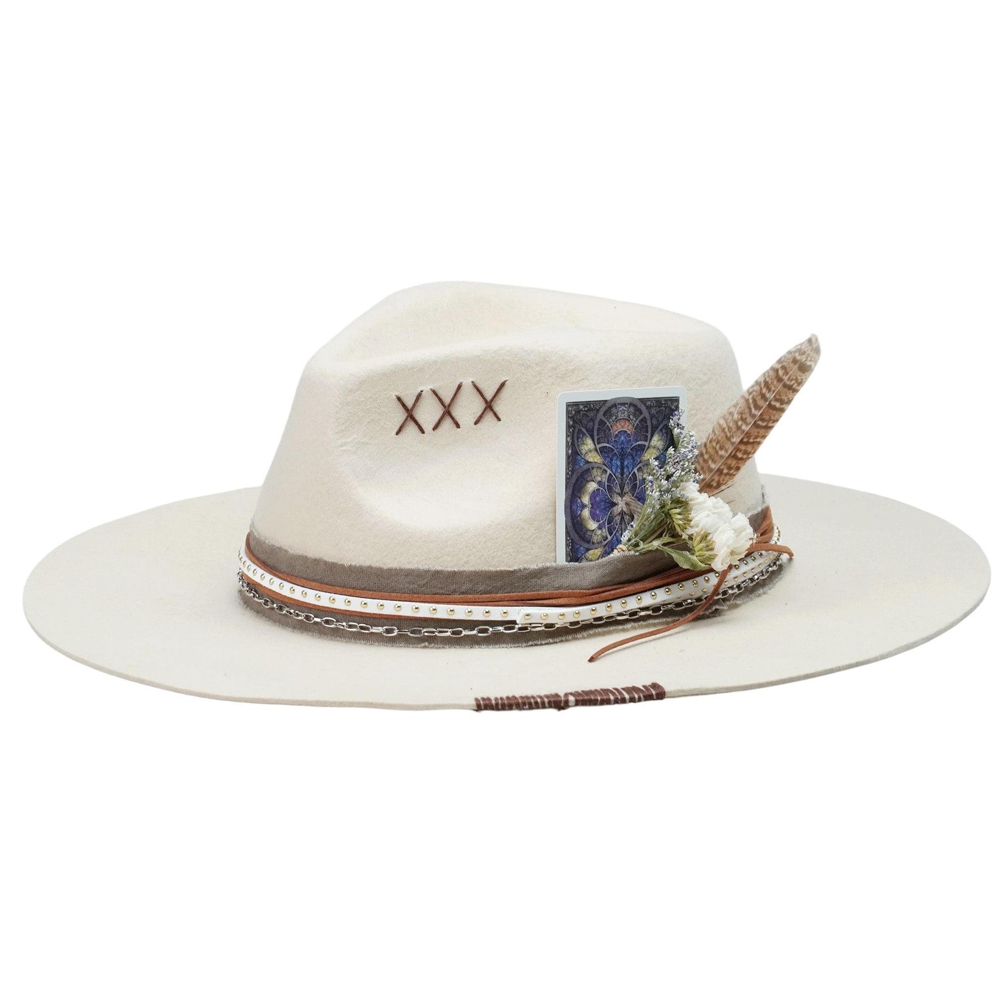Cream Straight Brim Fedora with Mixed Textures & Card