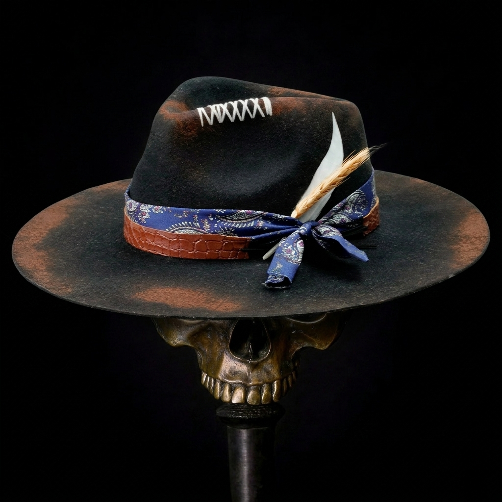 Hand-Burned Distressed Felt Hat – Croc-Texture Band, Feather Accent